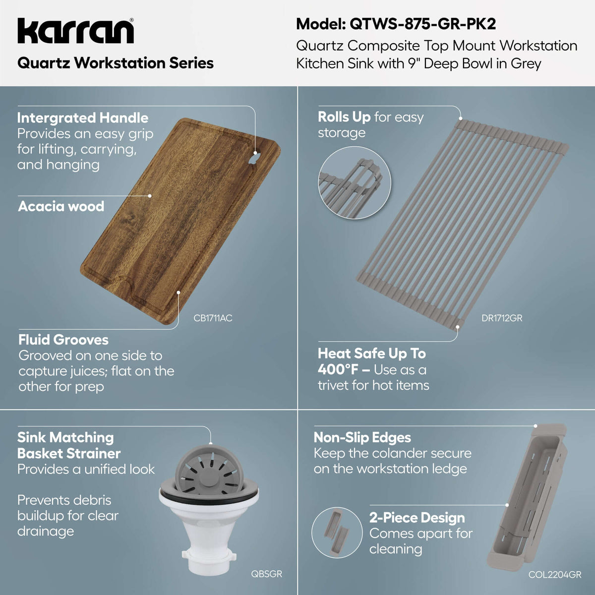 Karran 33 quartz composite workstation kitchen sink grey informational image