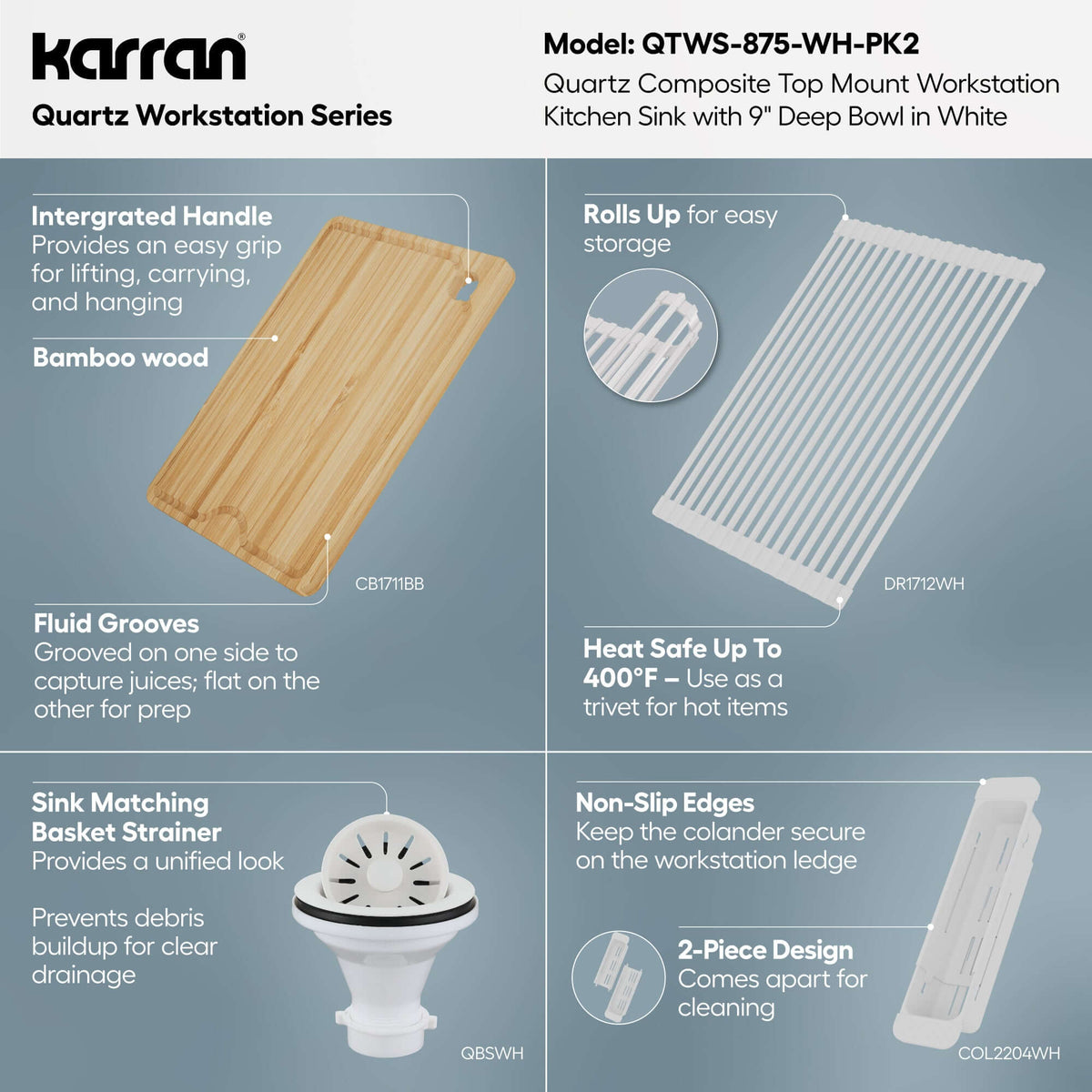 Karran 33 quartz composite workstation kitchen sink white informational image