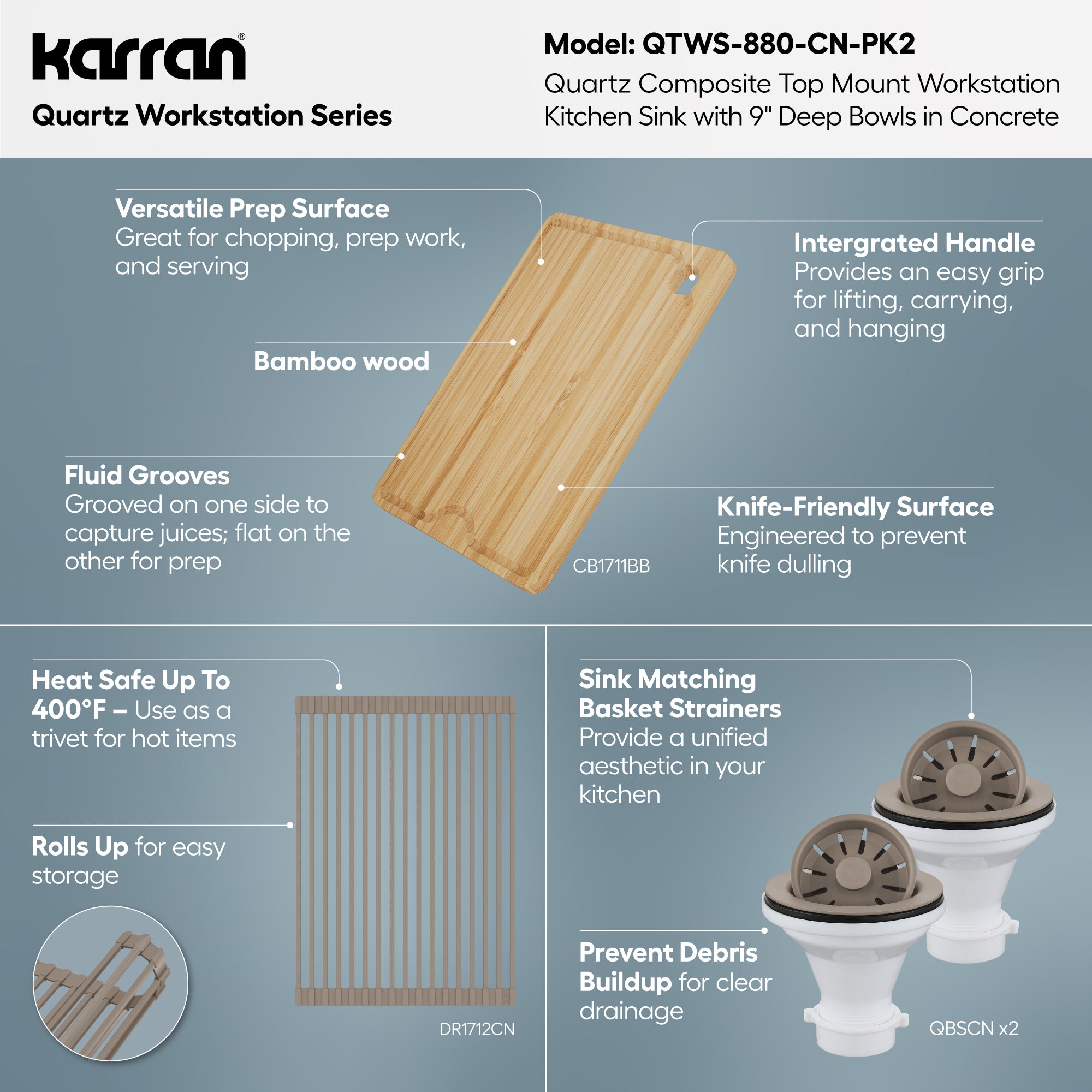 Karran 33 quartz composite workstation kitchen sink 50/50 double bowl concrete informational image