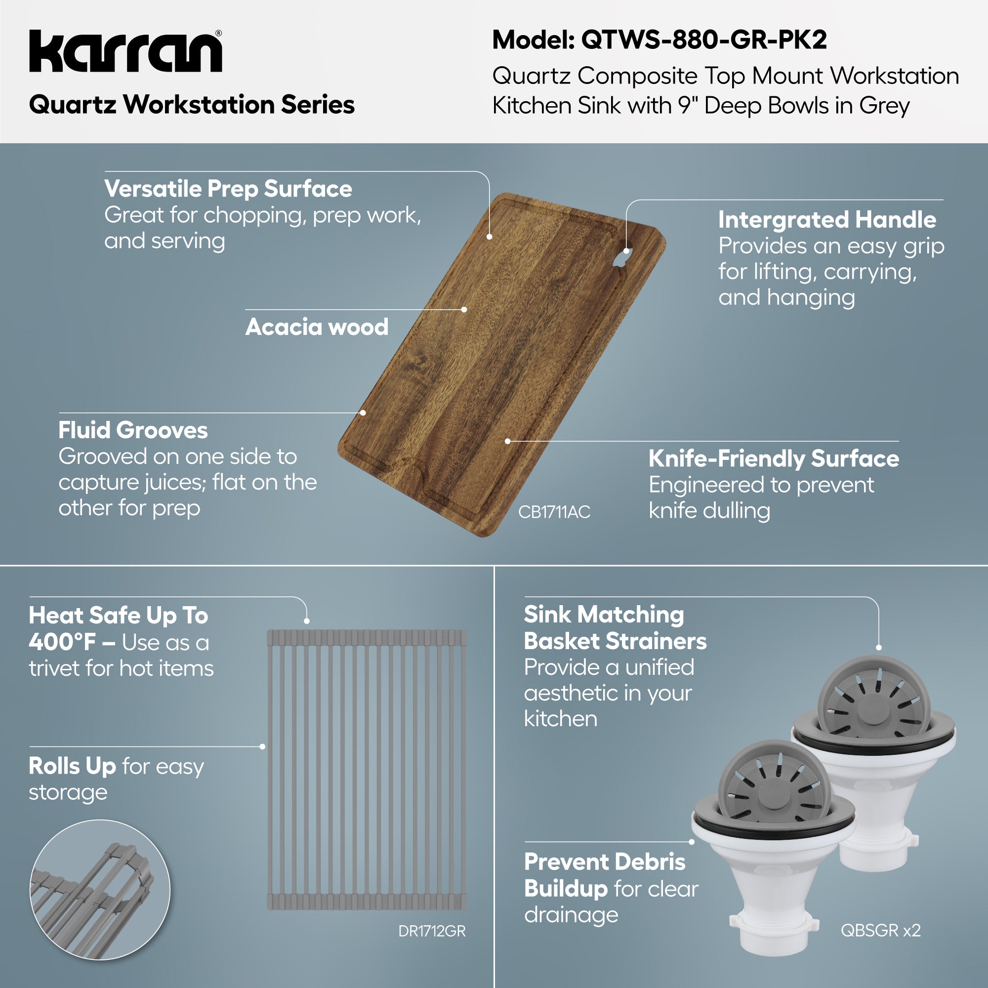 Karran 33 quartz composite workstation kitchen sink 50/50 double bowl grey informational image