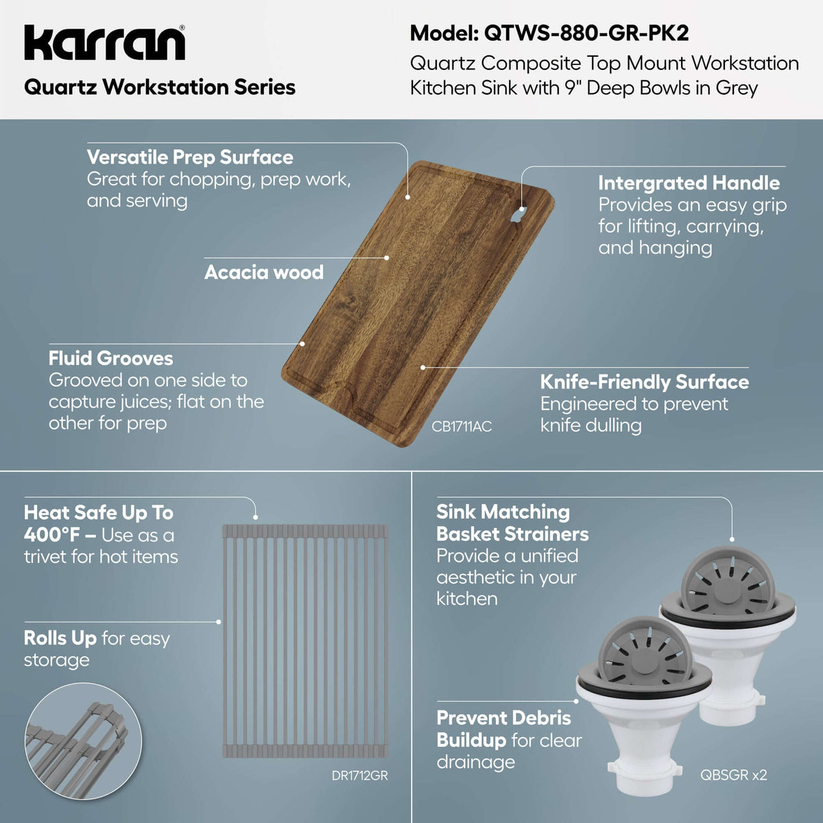 Karran 33 quartz composite workstation kitchen sink 50/50 double bowl grey informational image