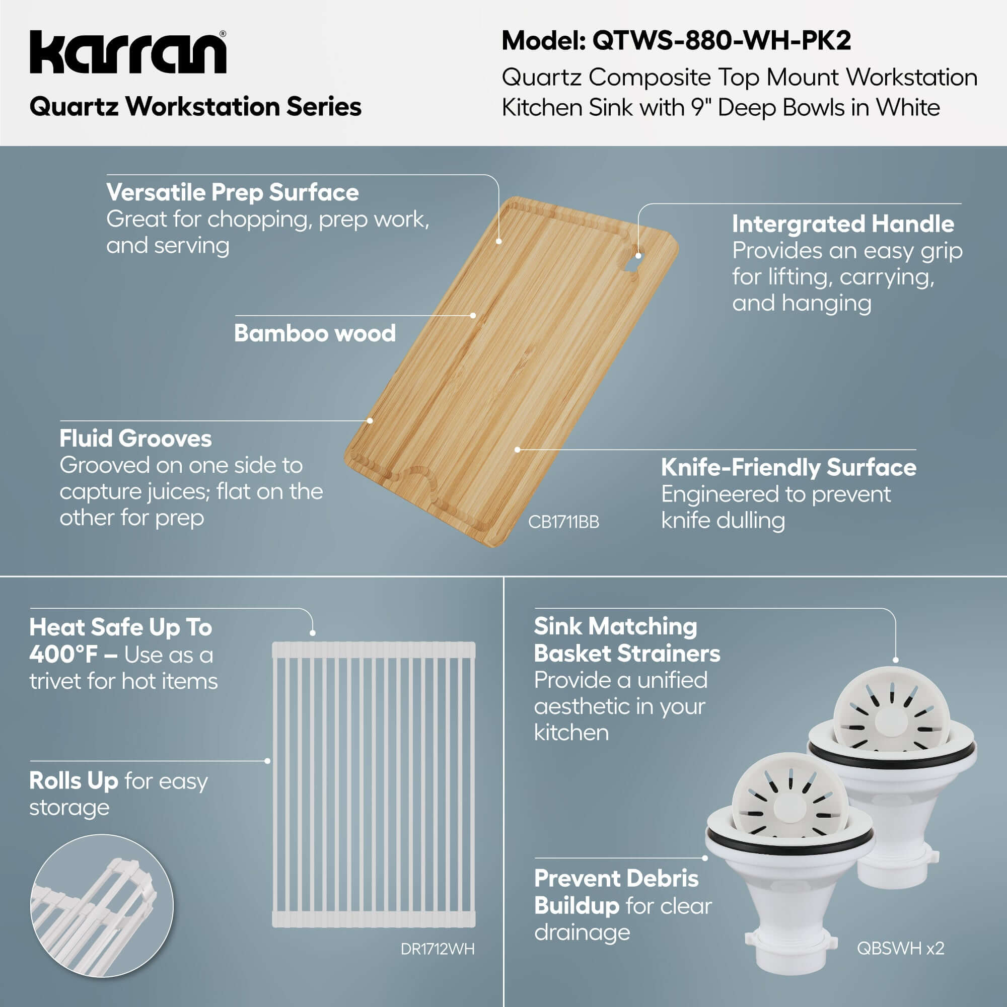 Karran 33 quartz composite workstation kitchen sink 50/50 double bowl white informational image