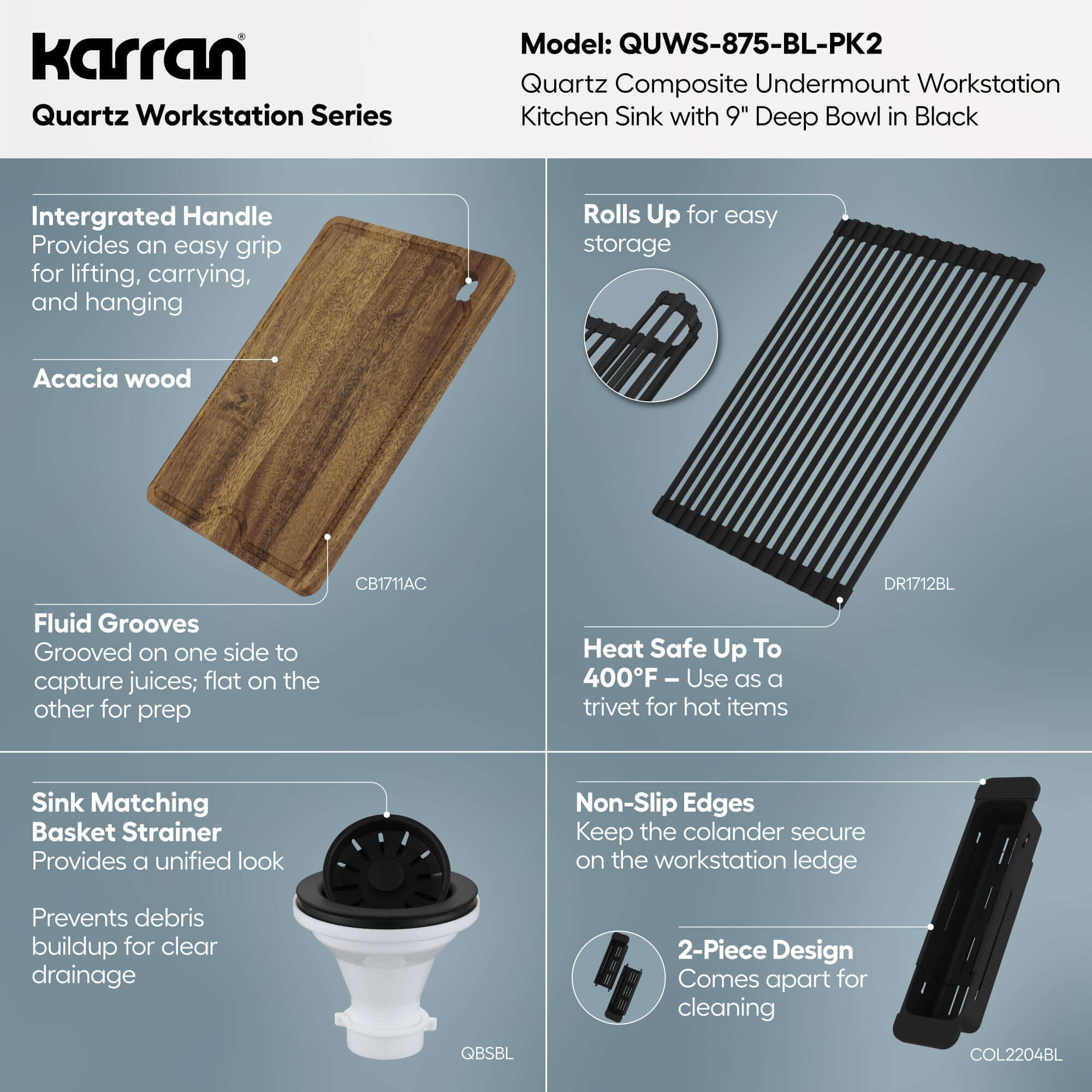 Karran 32 quartz composite workstation kitchen sink black informational image