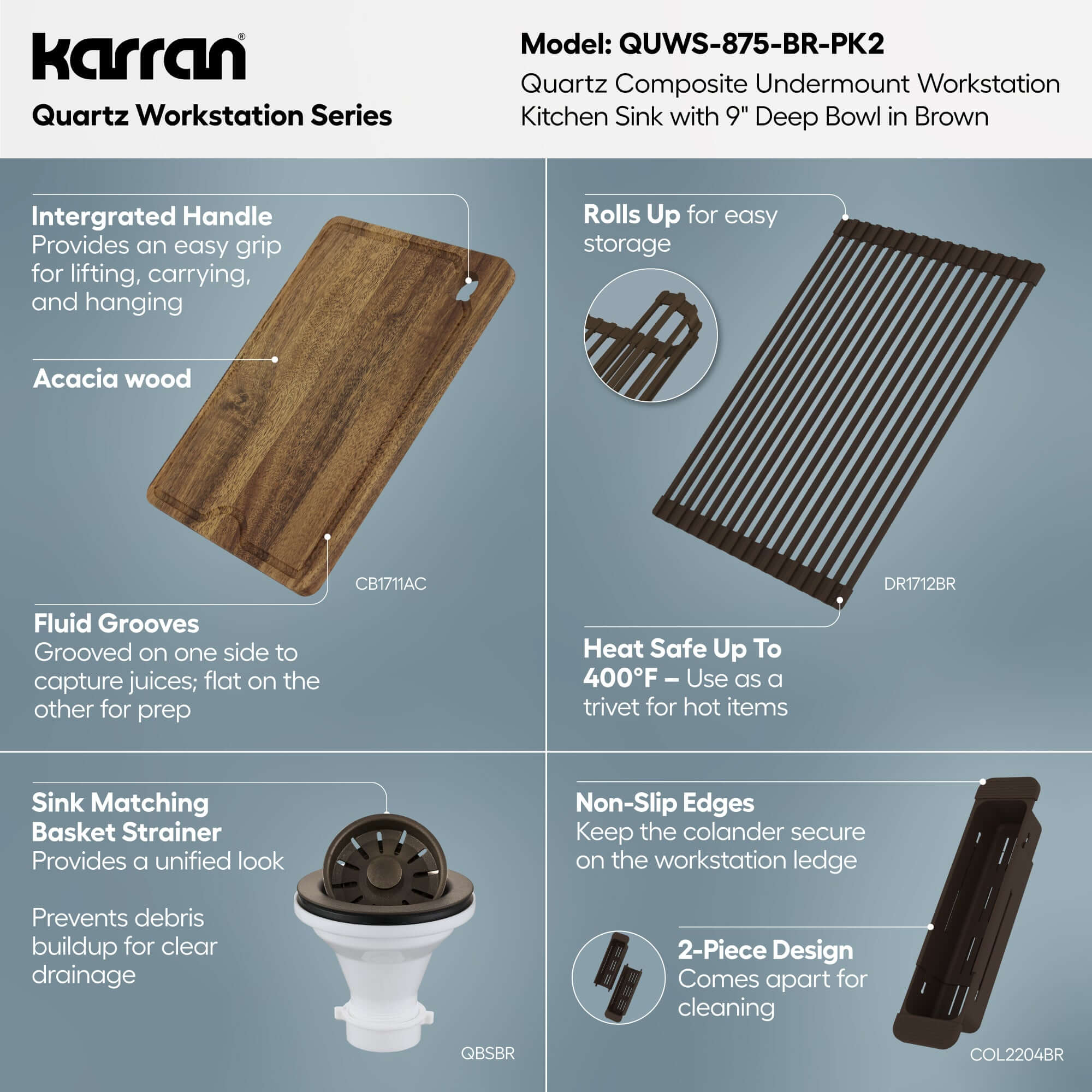 Karran 32 quartz composite workstation kitchen sink brown informational image