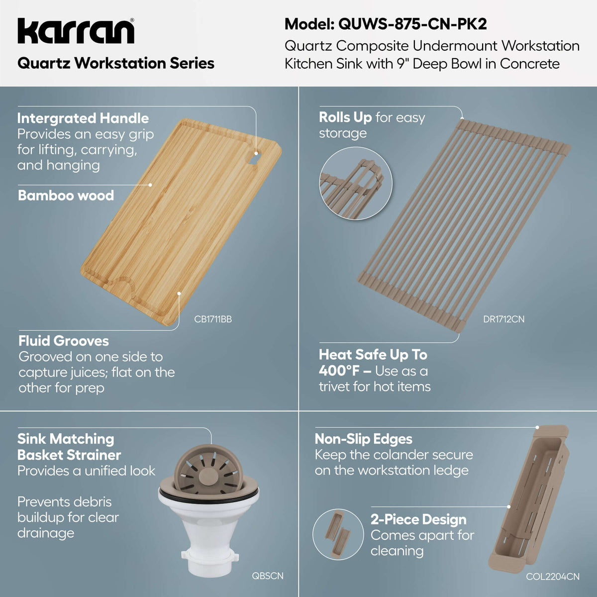 Karran 32 quartz composite workstation kitchen sink concrete informational image