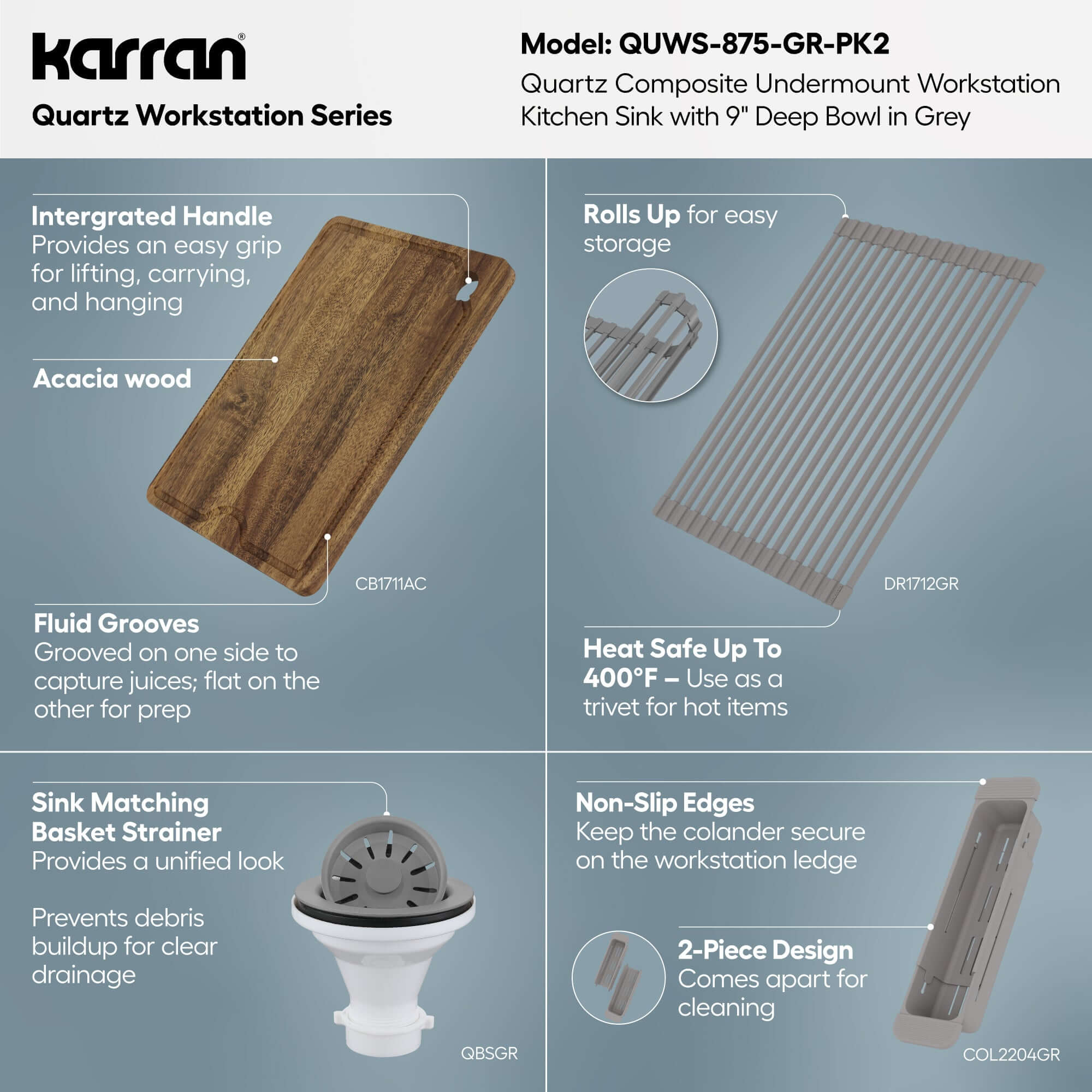 Karran 32 quartz composite workstation kitchen sink grey informational image