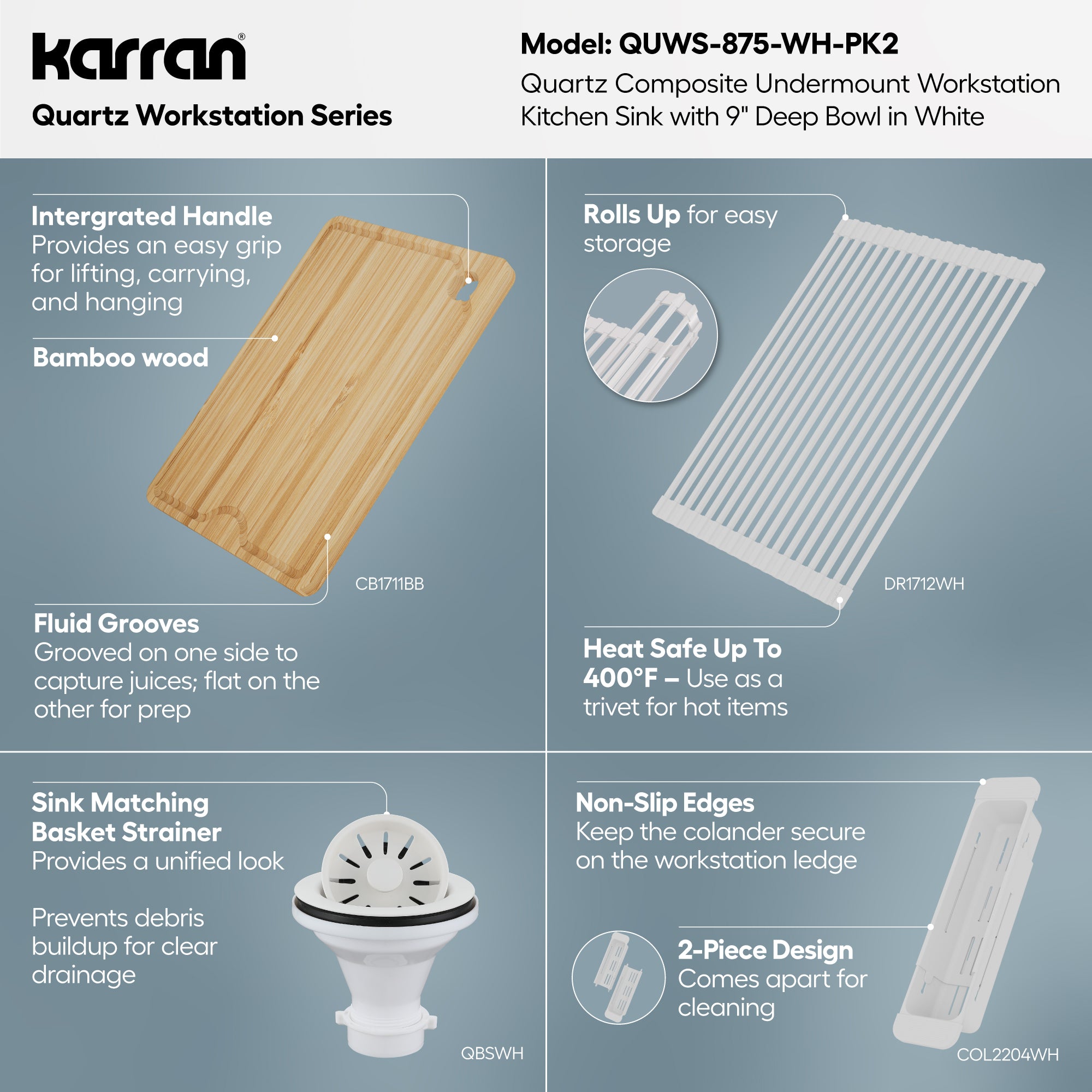 Karran 32 quartz composite workstation kitchen sink white informational image