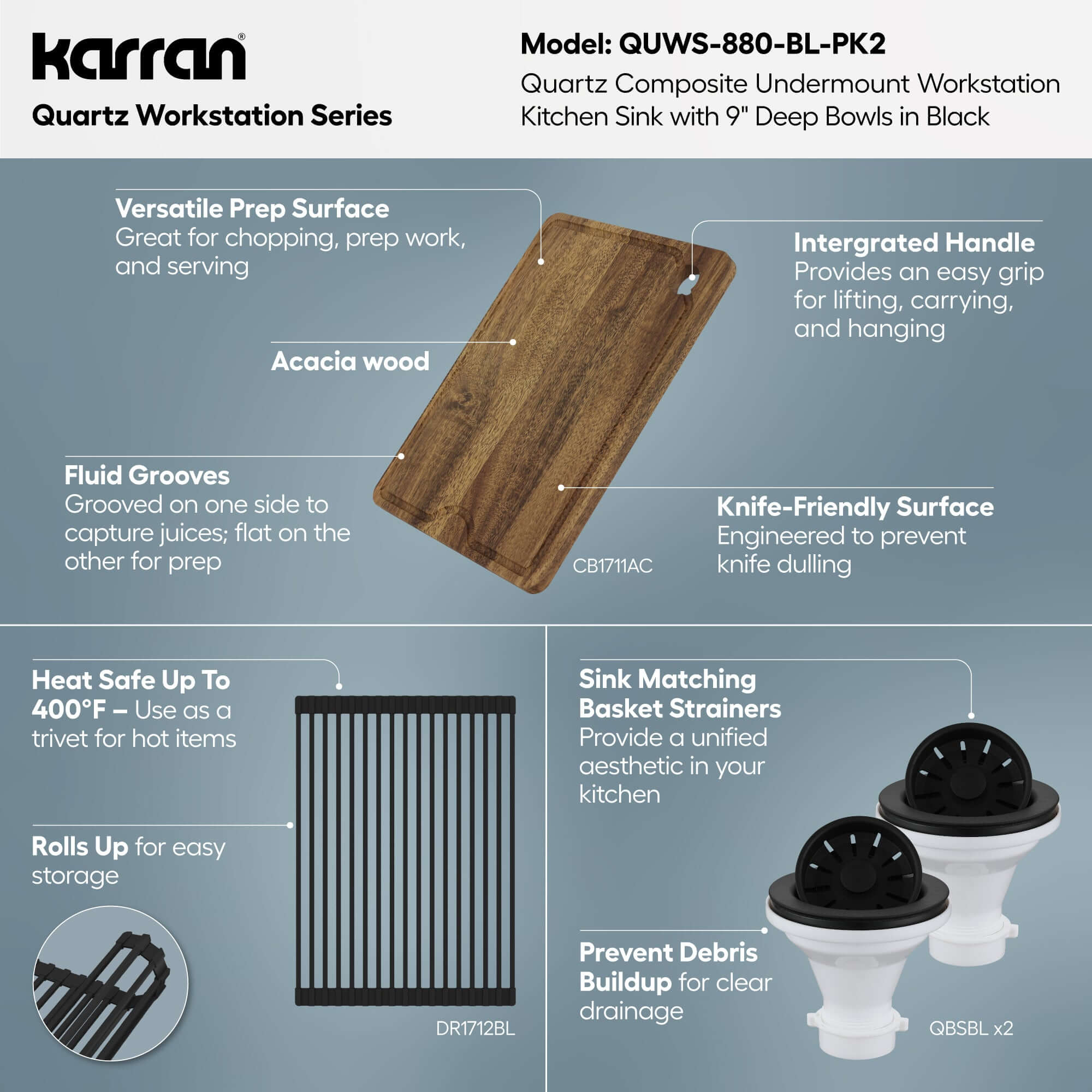 Karran 32 quartz composite workstation kitchen sink 50/50 double bowl black informational image
