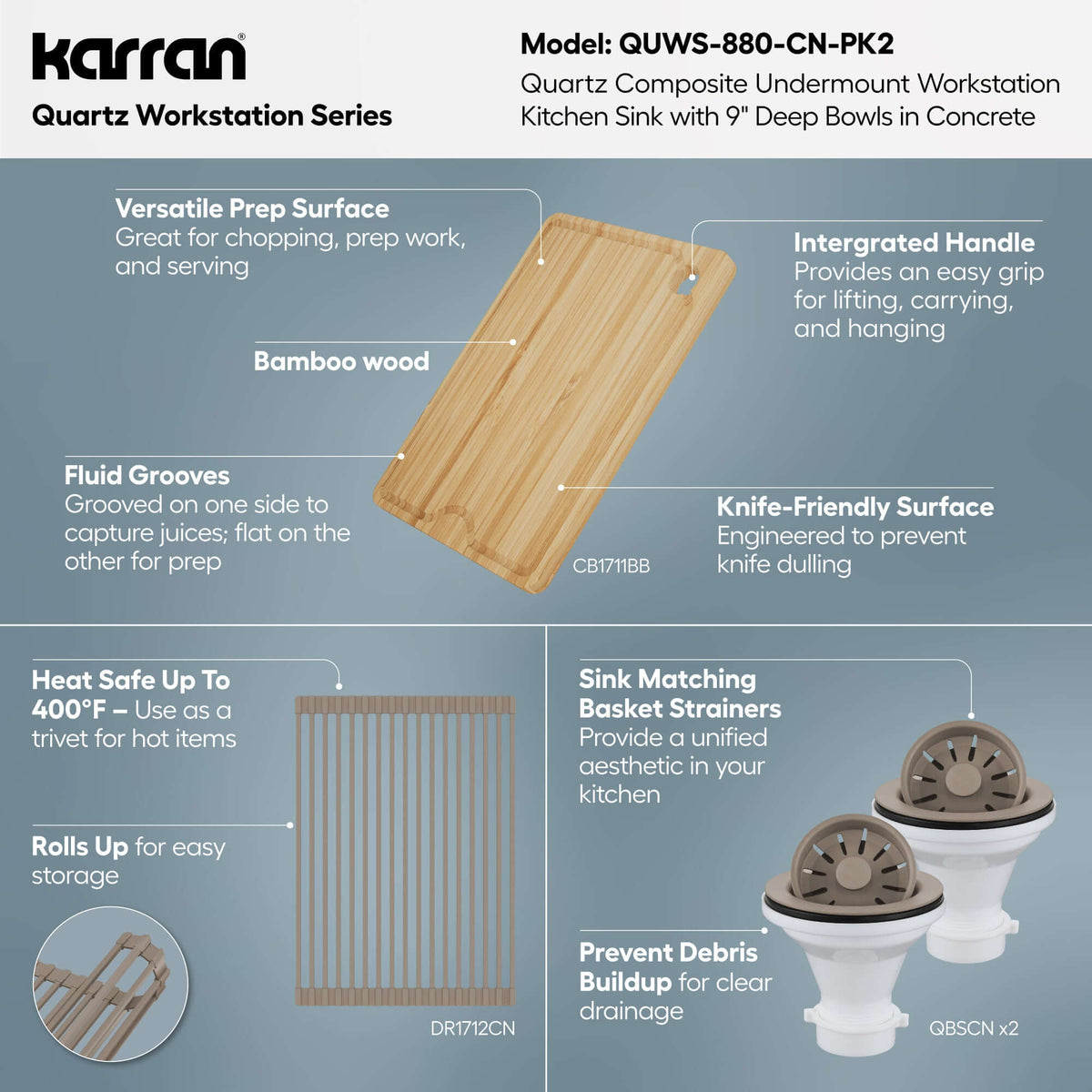 Karran 32 quartz composite workstation kitchen sink 50/50 double bowl concrete informational image
