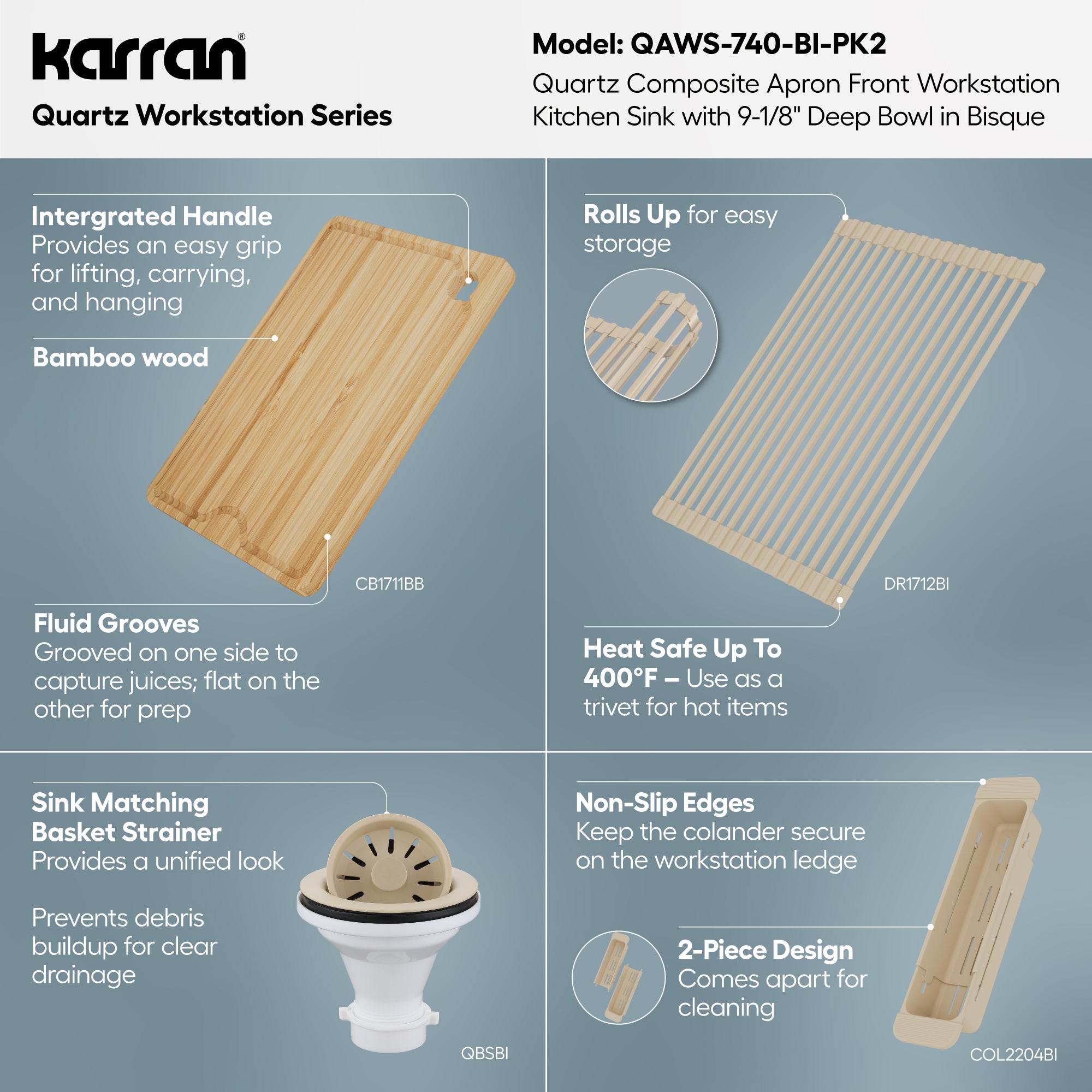 Karran 34 quartz composite workstation farmhouse sink bisque informational image