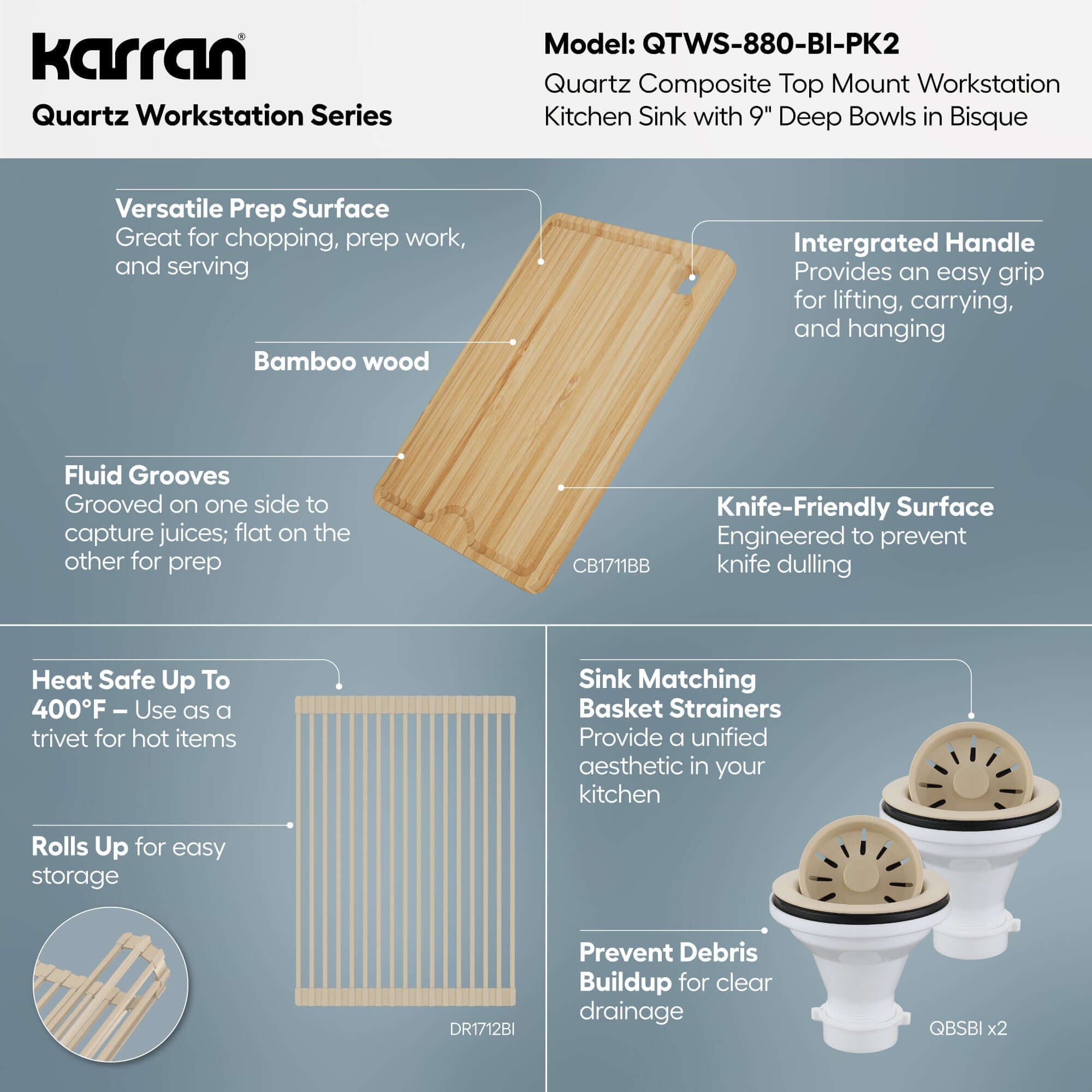 Karran 33 quartz composite workstation kitchen sink 50/50 double bowl bisque informational image