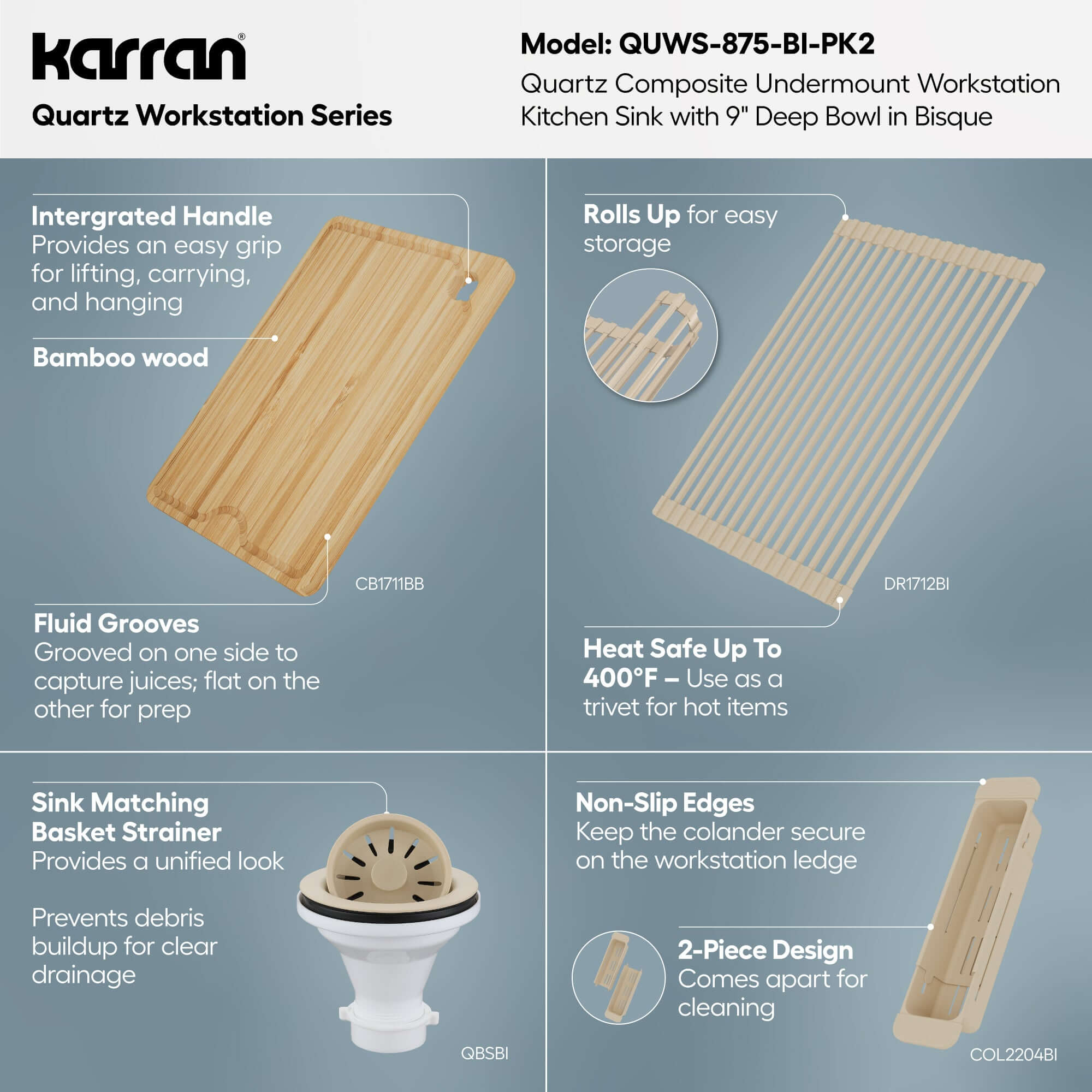 Karran 32 quartz composite workstation kitchen sink bisque informational image