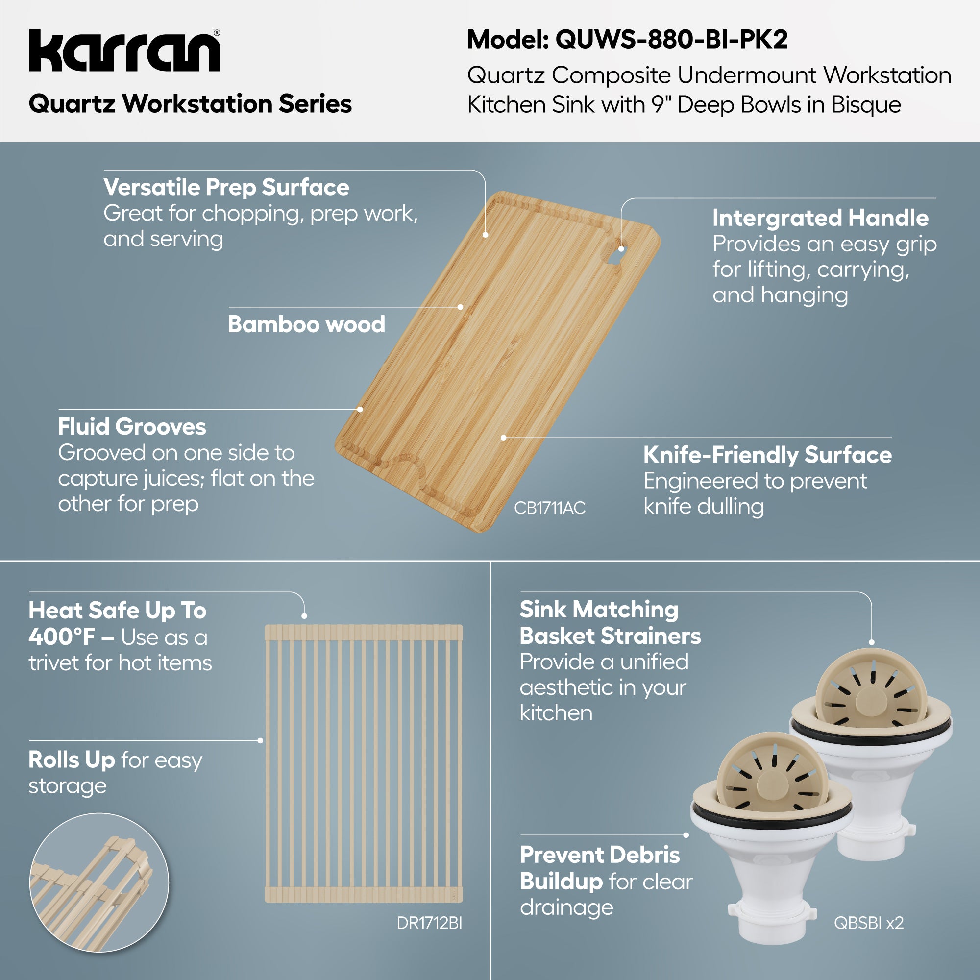 Karran 32 quartz composite workstation kitchen sink 50/50 double bowl bisque informational image