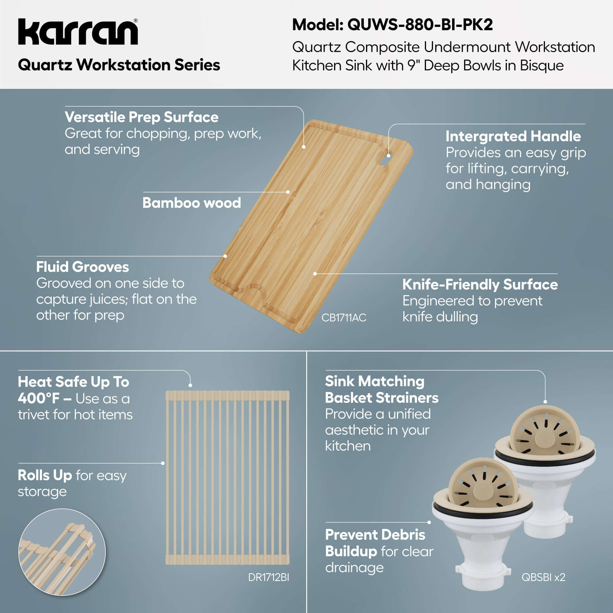 Karran 32 quartz composite workstation kitchen sink 50/50 double bowl bisque informational image