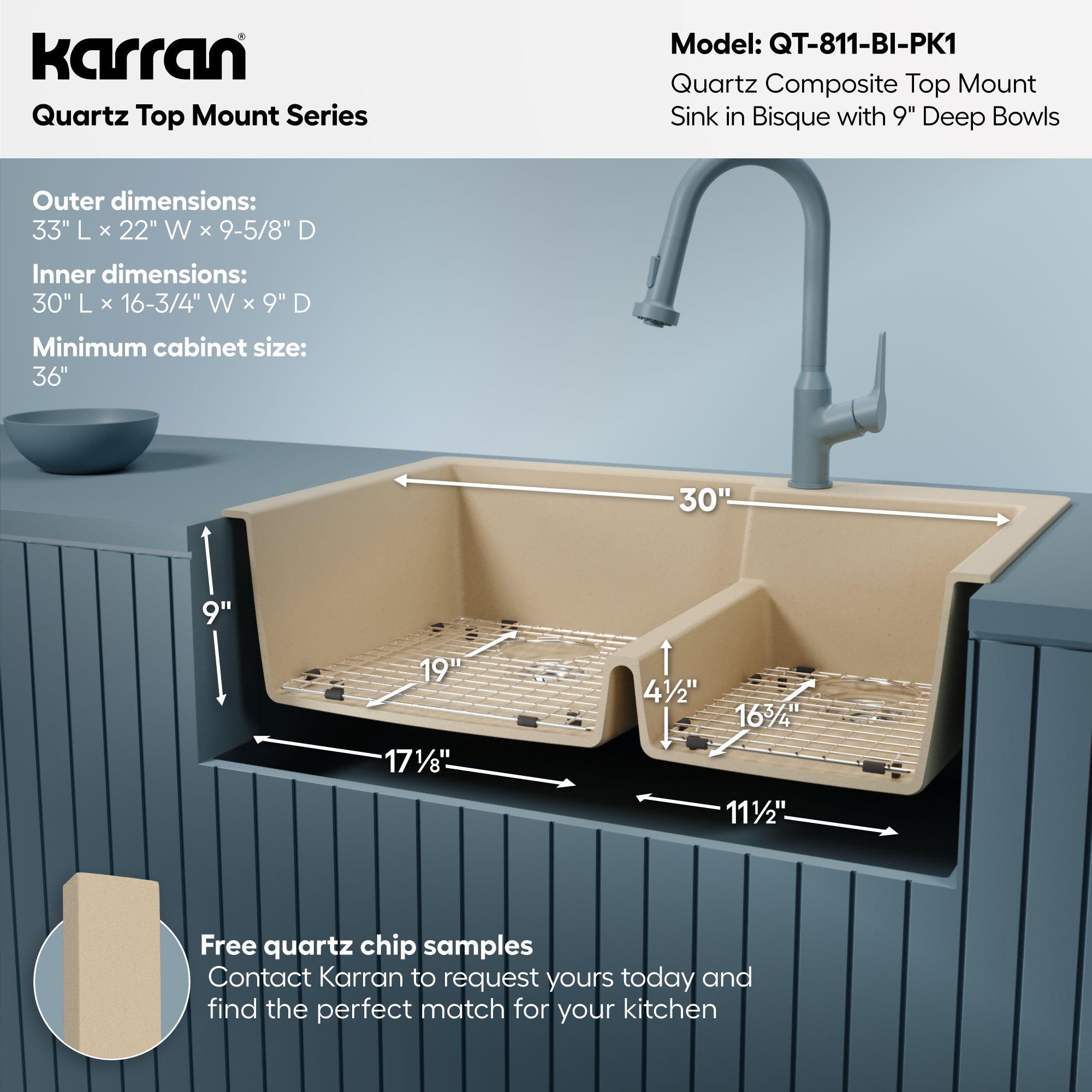 Alternative View of Karran 33" Drop In/Topmount Quartz Composite Kitchen Sink with Accessories, 60/40 Double Bowl, Bisque, QT-811-BI-PK1
