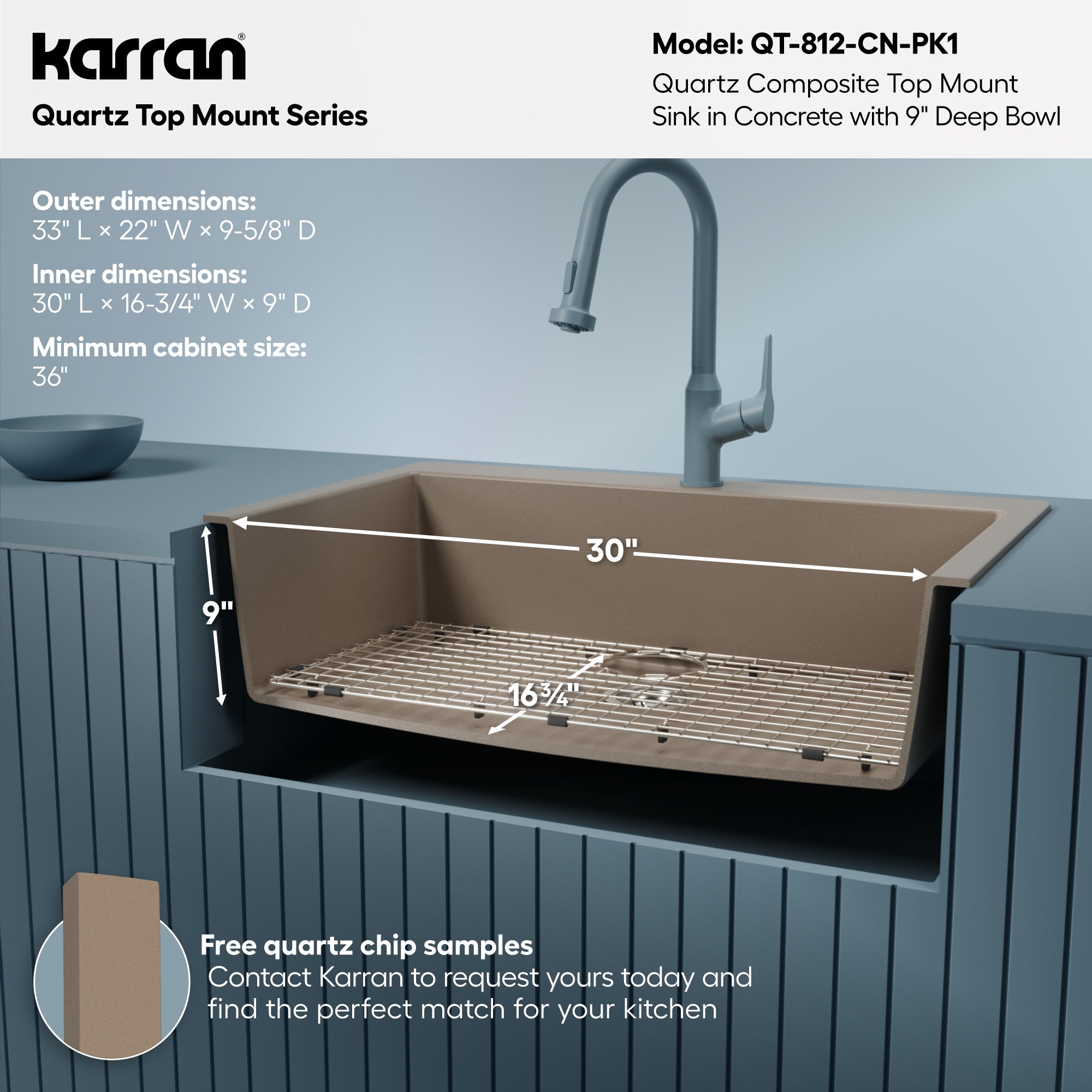 Alternative View of Karran 33" Drop In/Topmount Quartz Composite Kitchen Sink with Accessories, Concrete, QT-812-CN-PK1