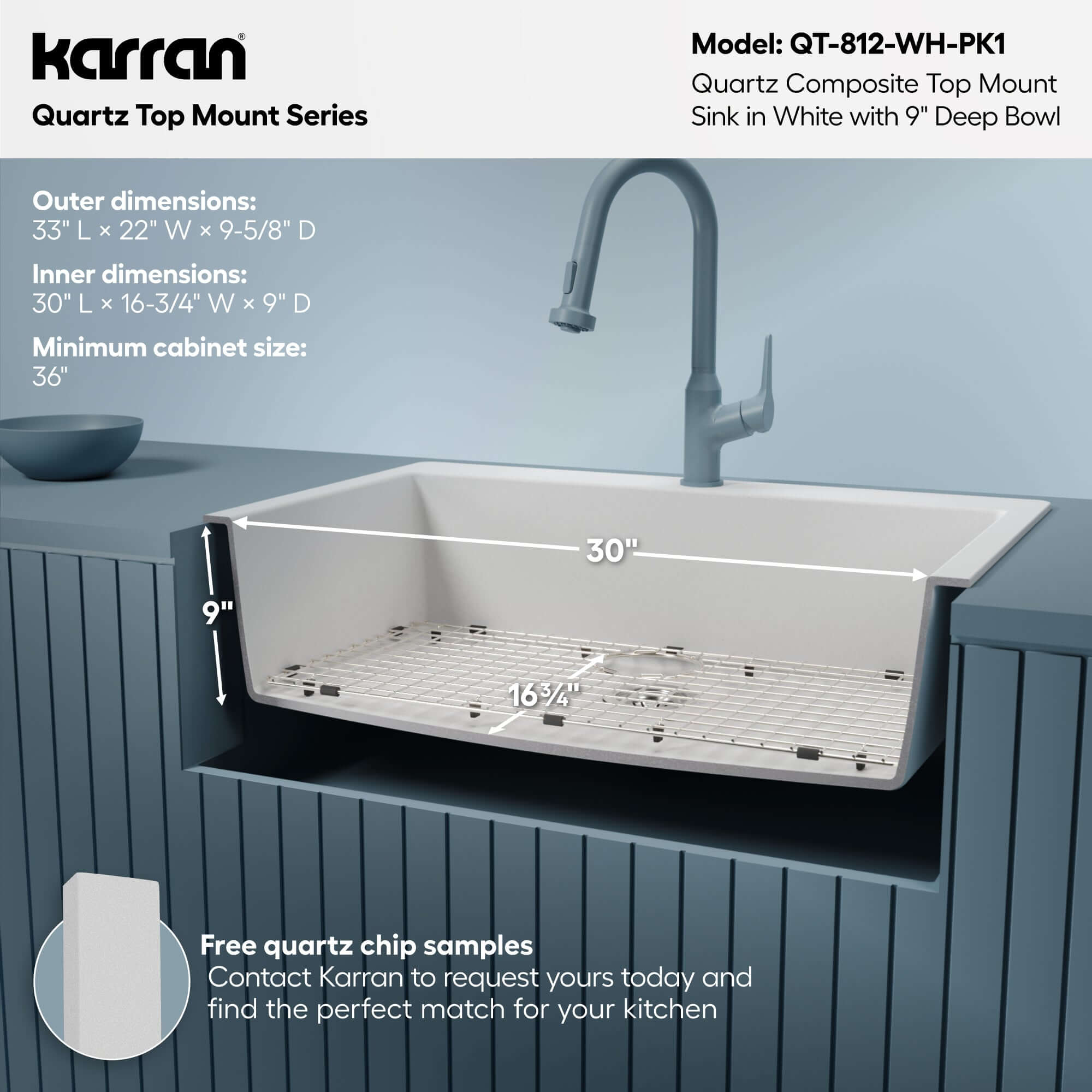 Alternative View of Karran 33" Drop In/Topmount Quartz Composite Kitchen Sink with Accessories, White, QT-812-WH-PK1