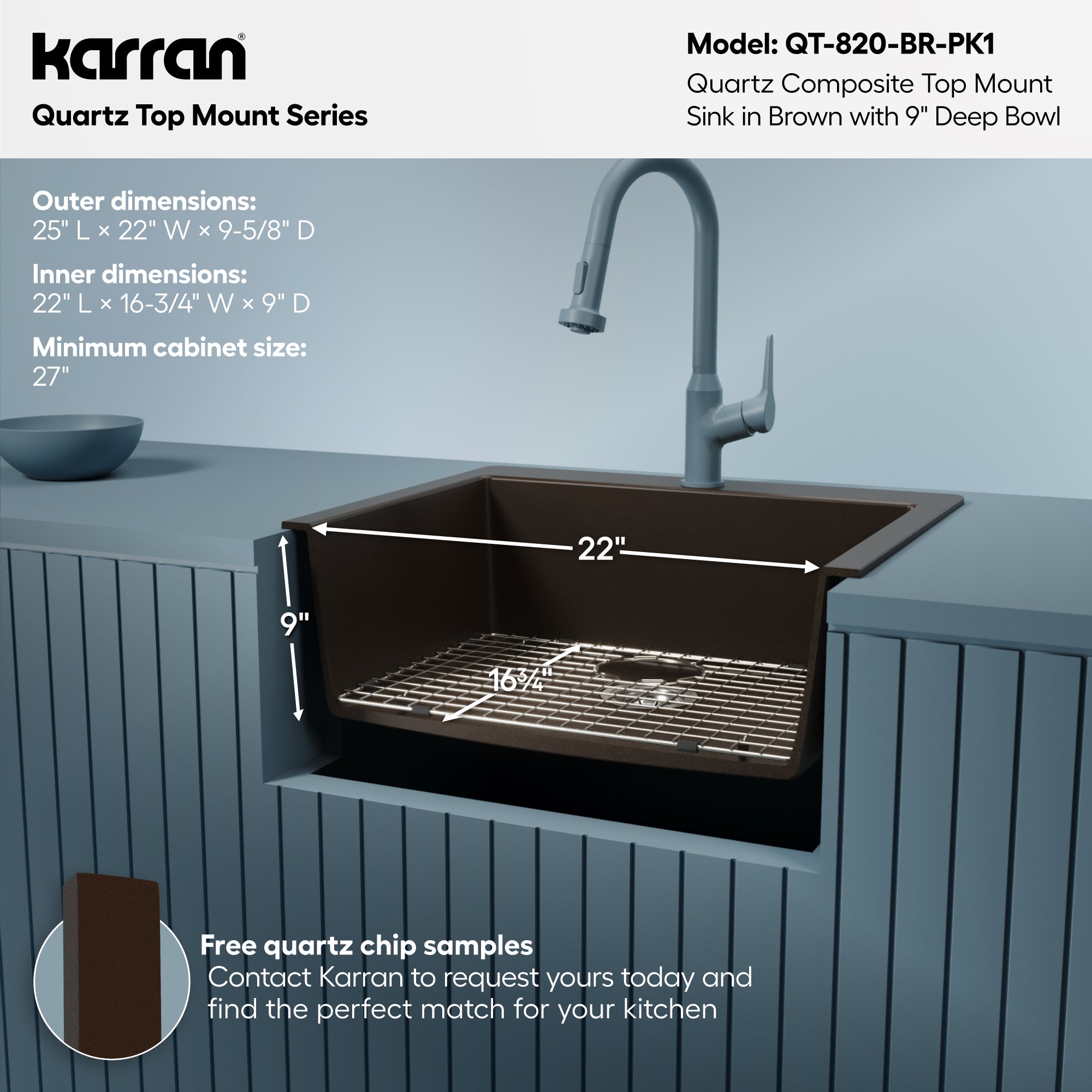 Alternative View of Karran 25" Drop In/Topmount Quartz Composite Kitchen Sink with Accessories, Brown, QT-820-BR-PK1