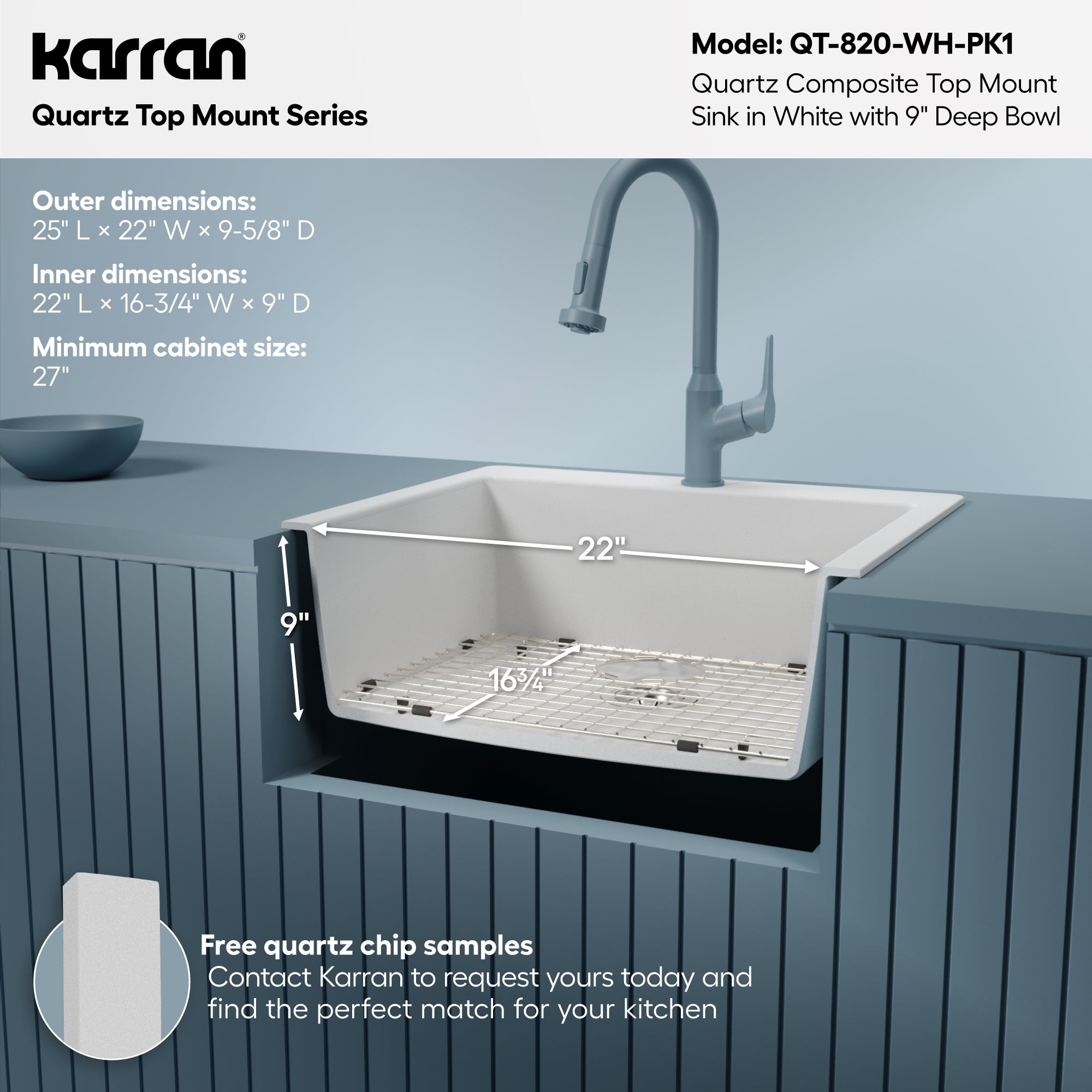 Alternative View of Karran 25" Drop In/Topmount Quartz Composite Kitchen Sink with Accessories, White, QT-820-WH-PK1