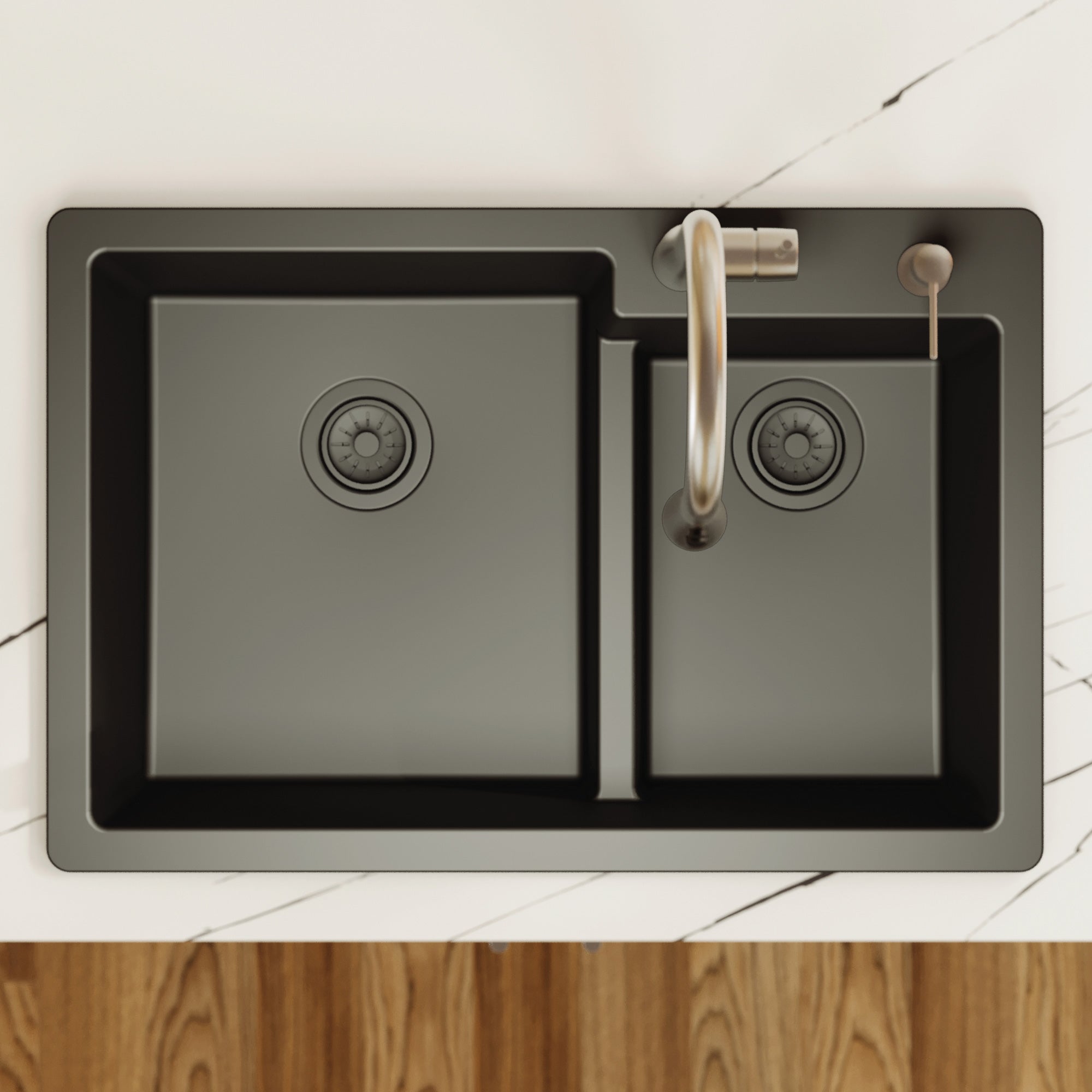 Alternative View of Karran 33" Drop In/Topmount Quartz Composite Kitchen Sink, 60/40 Double Bowl, Black, QT-811-BL