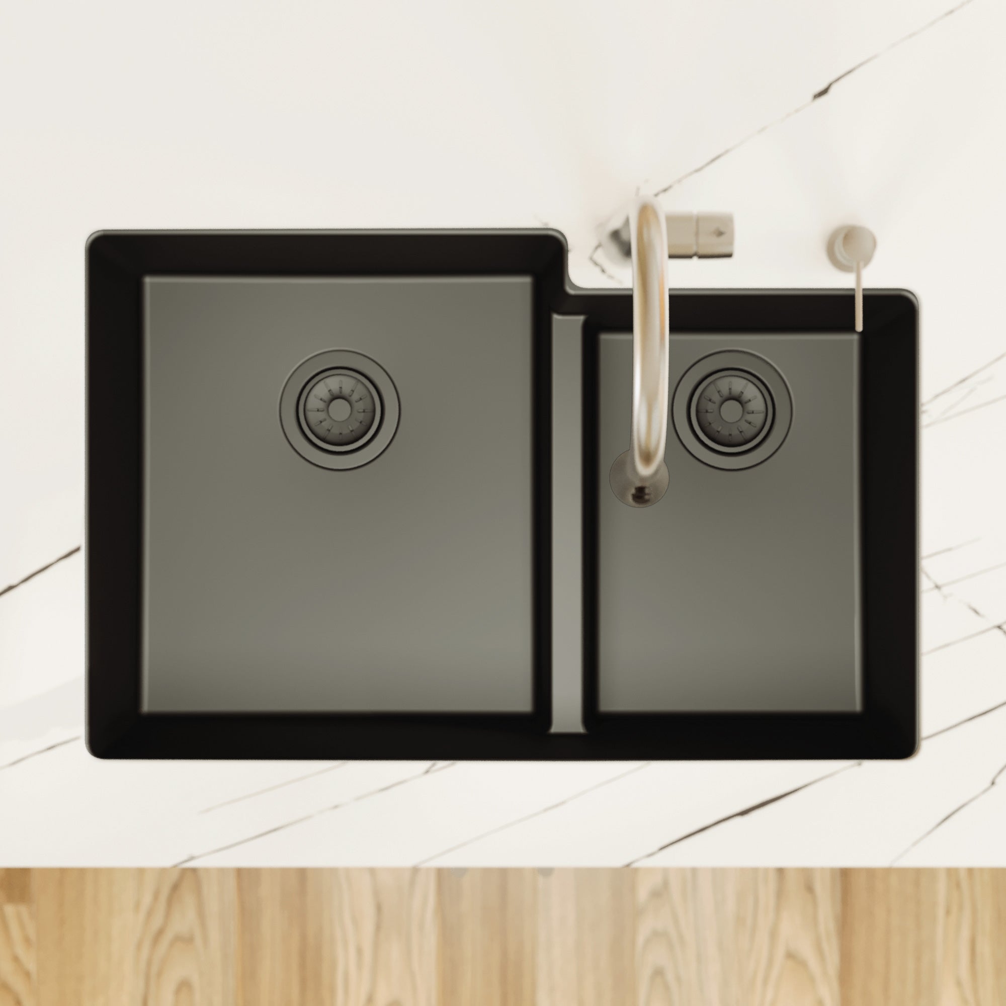 Alternative View of Karran 32" Undermount Quartz Composite Kitchen Sink, 60/40 Double Bowl, Black, QU-811-BL