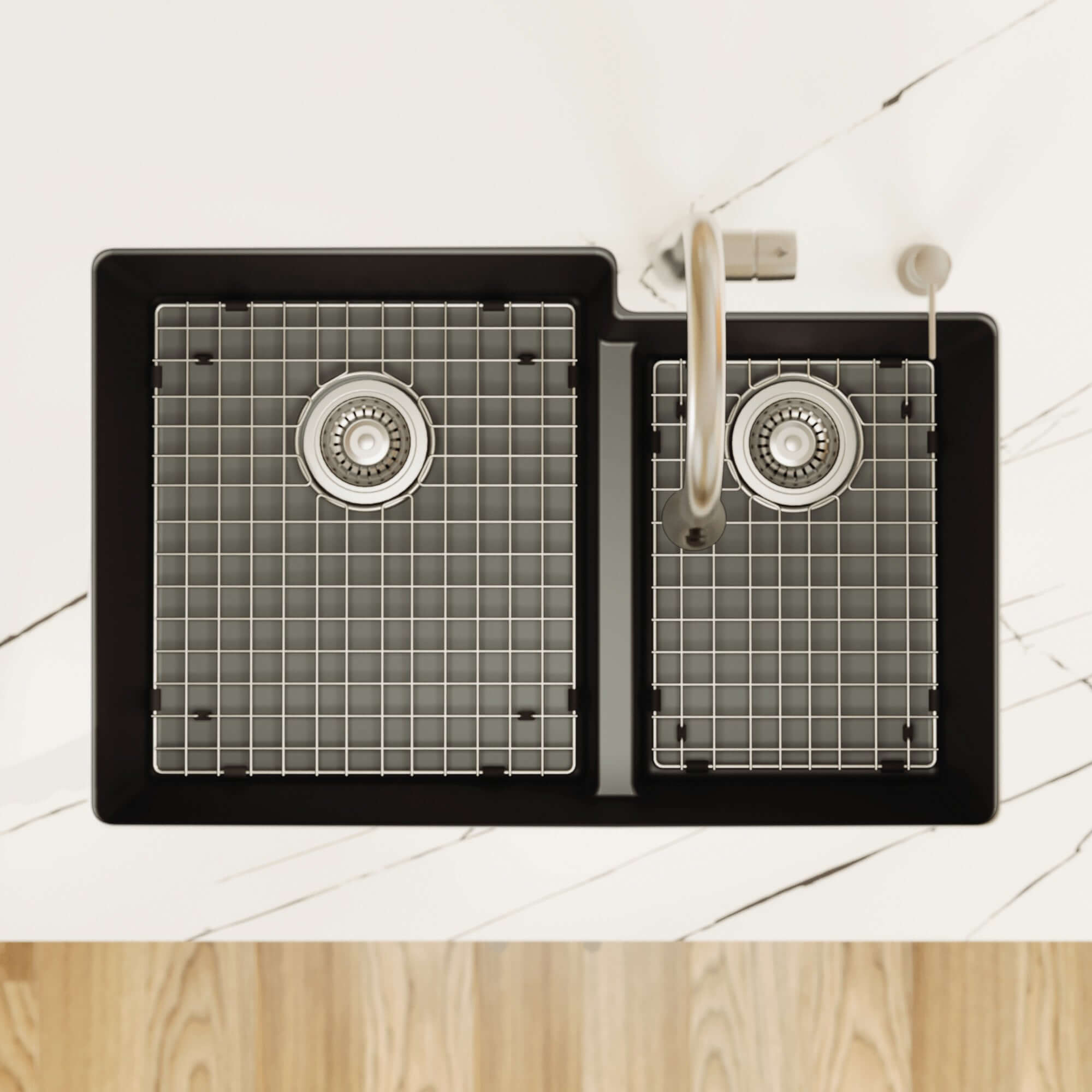 Alternative View of Karran 32" Undermount Quartz Composite Kitchen Sink with Accessories, 60/40 Double Bowl, Black, QU-811-BL-PK1