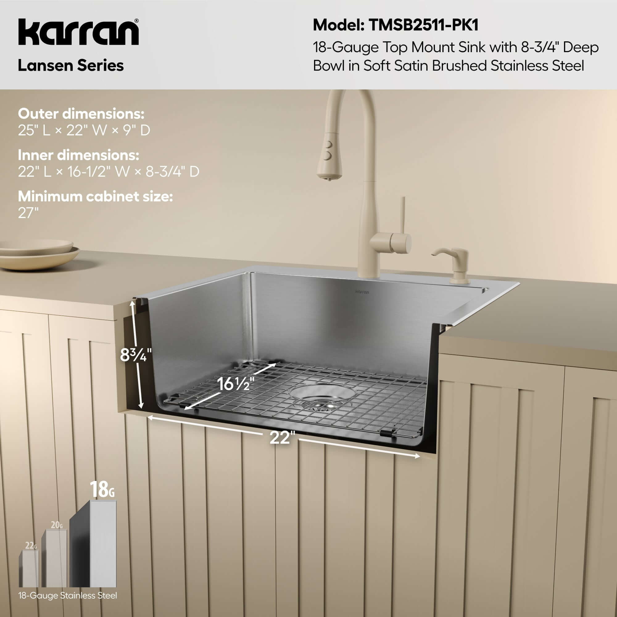Karran lansen 25 stainless steel kitchen sink 18 gauge informational image