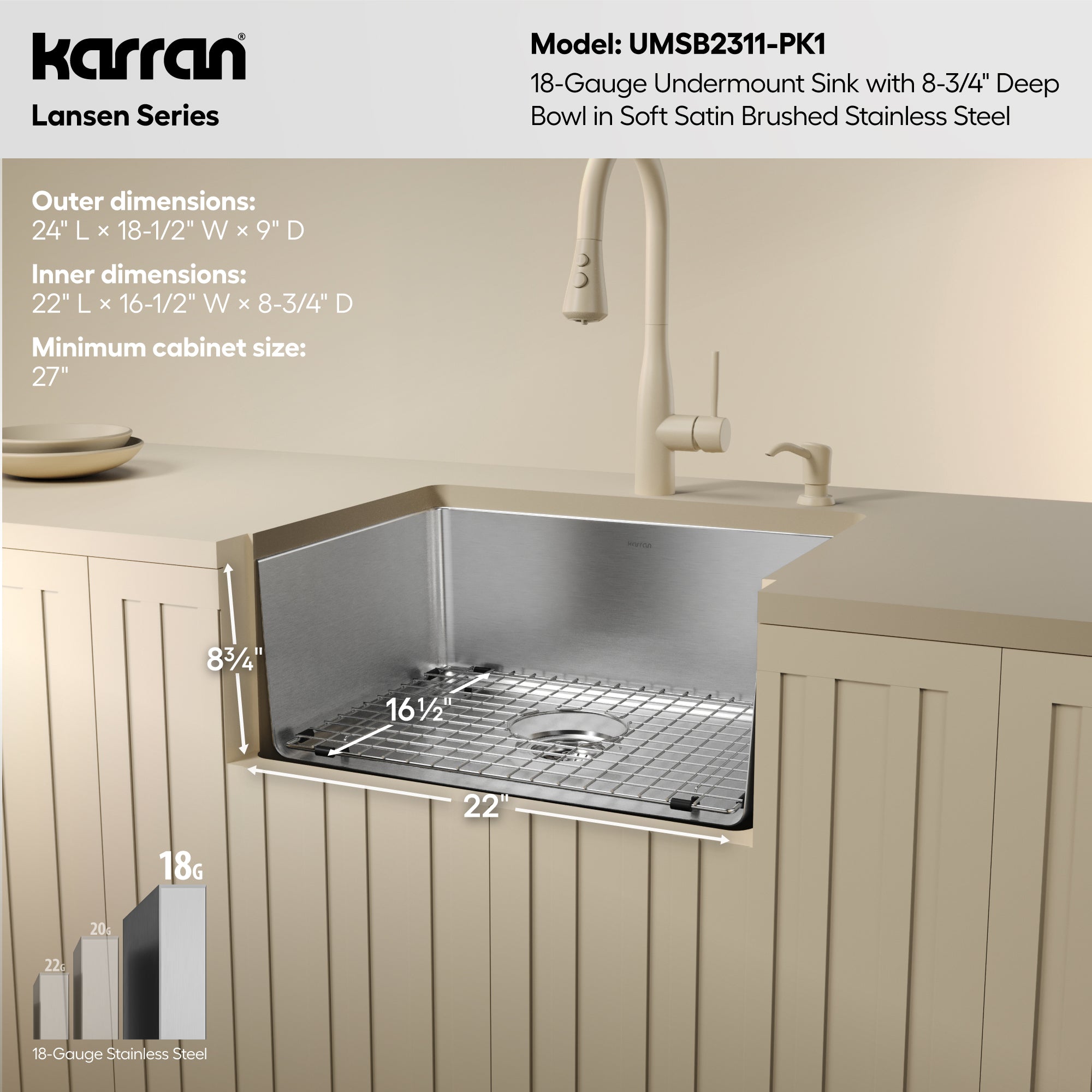 Karran lansen 24 stainless steel kitchen sink 18 gauge informational image