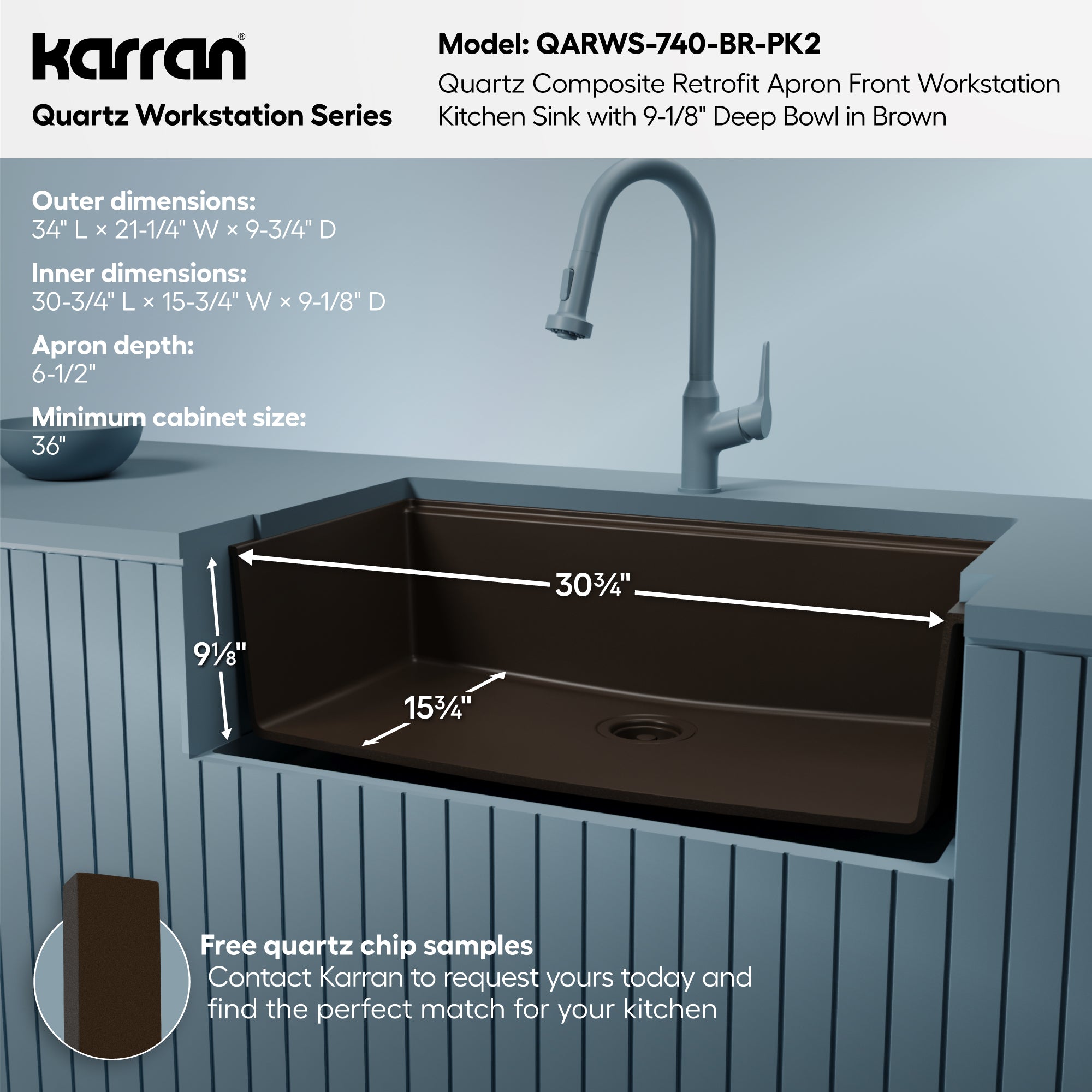 Karran 34 quartz composite retrofit workstation farmhouse sink brown informational image