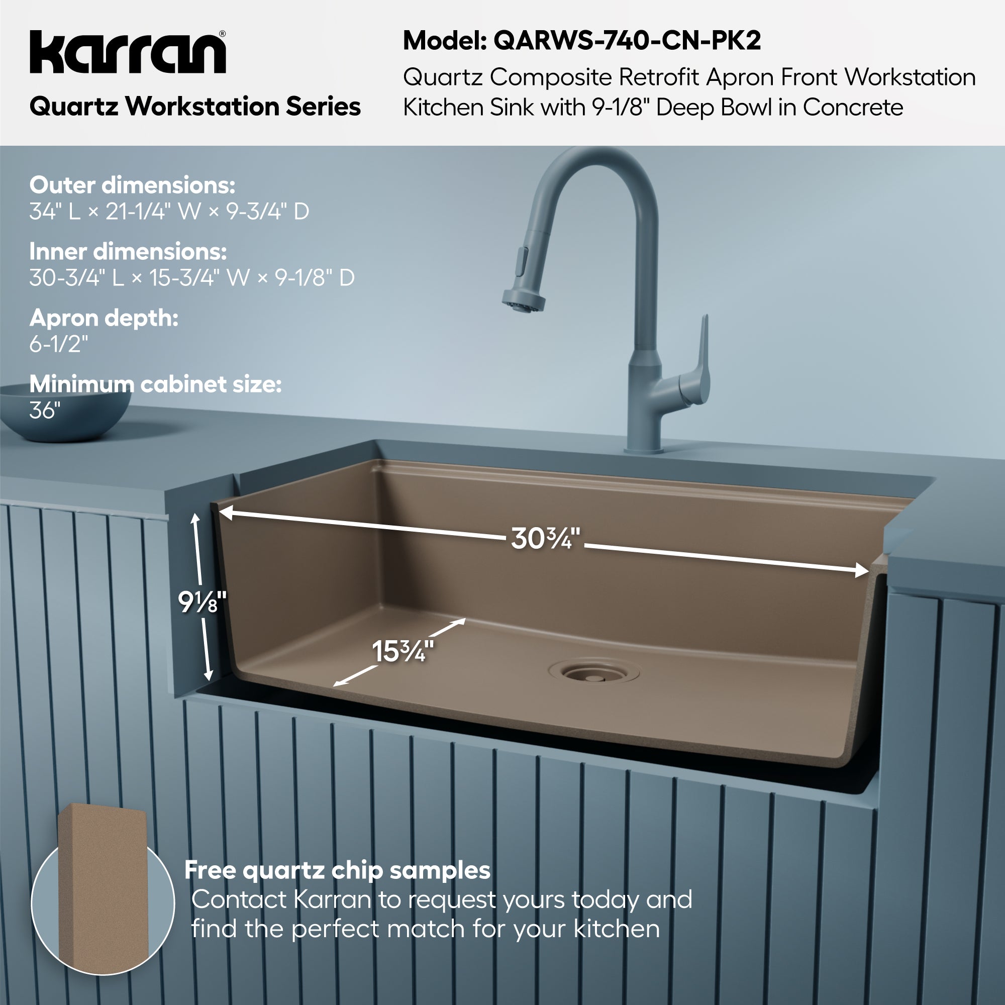 Karran 34 quartz composite retrofit workstation farmhouse sink concrete informational image