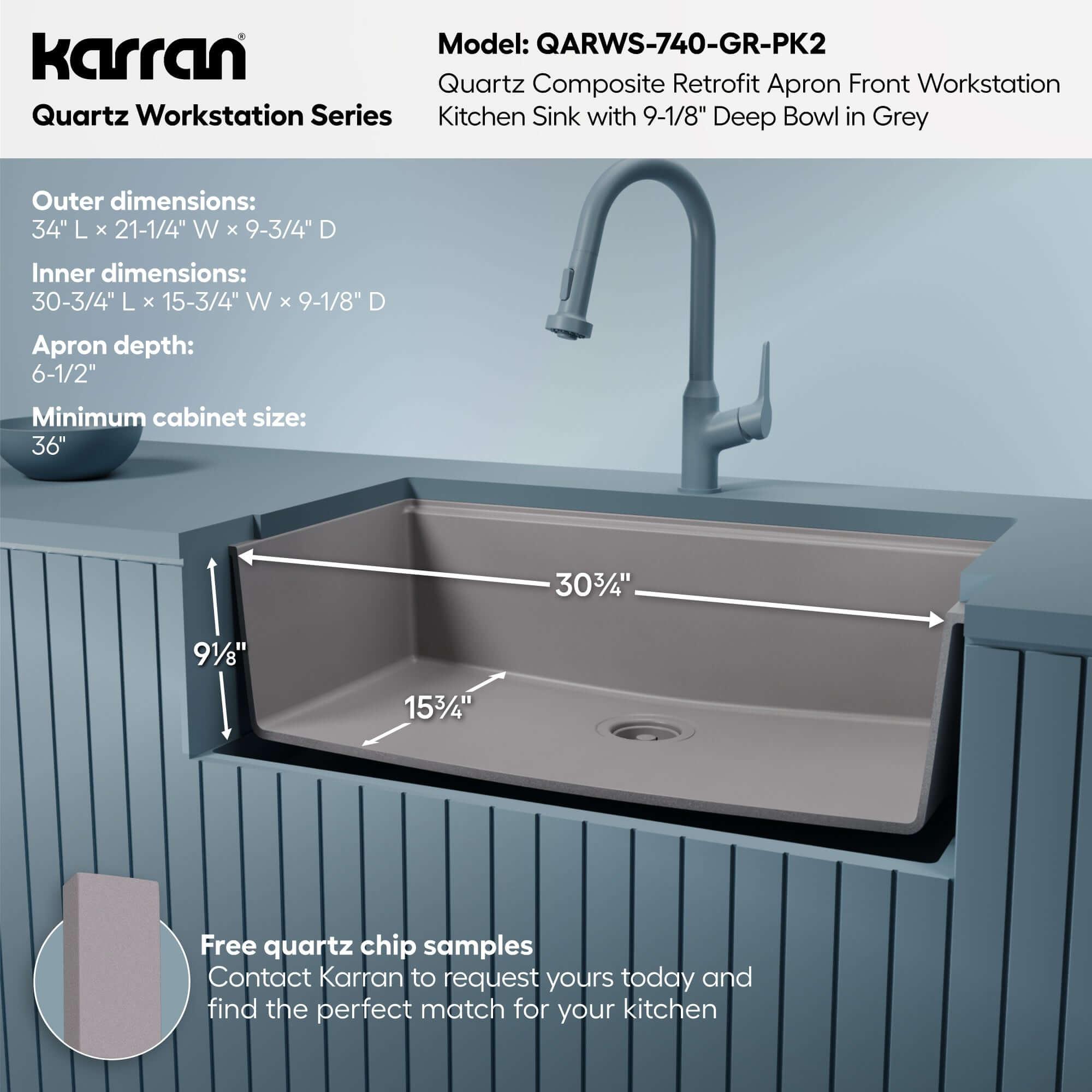 Karran 34 quartz composite retrofit workstation farmhouse sink grey informational image