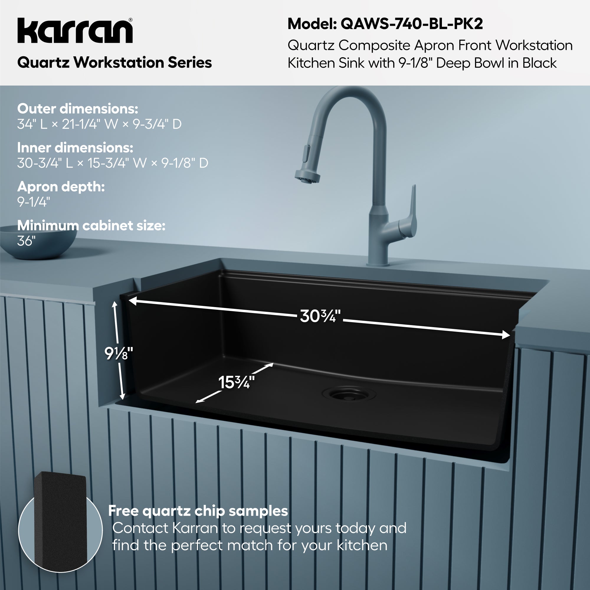 Karran 34 quartz composite workstation farmhouse sink black informational image
