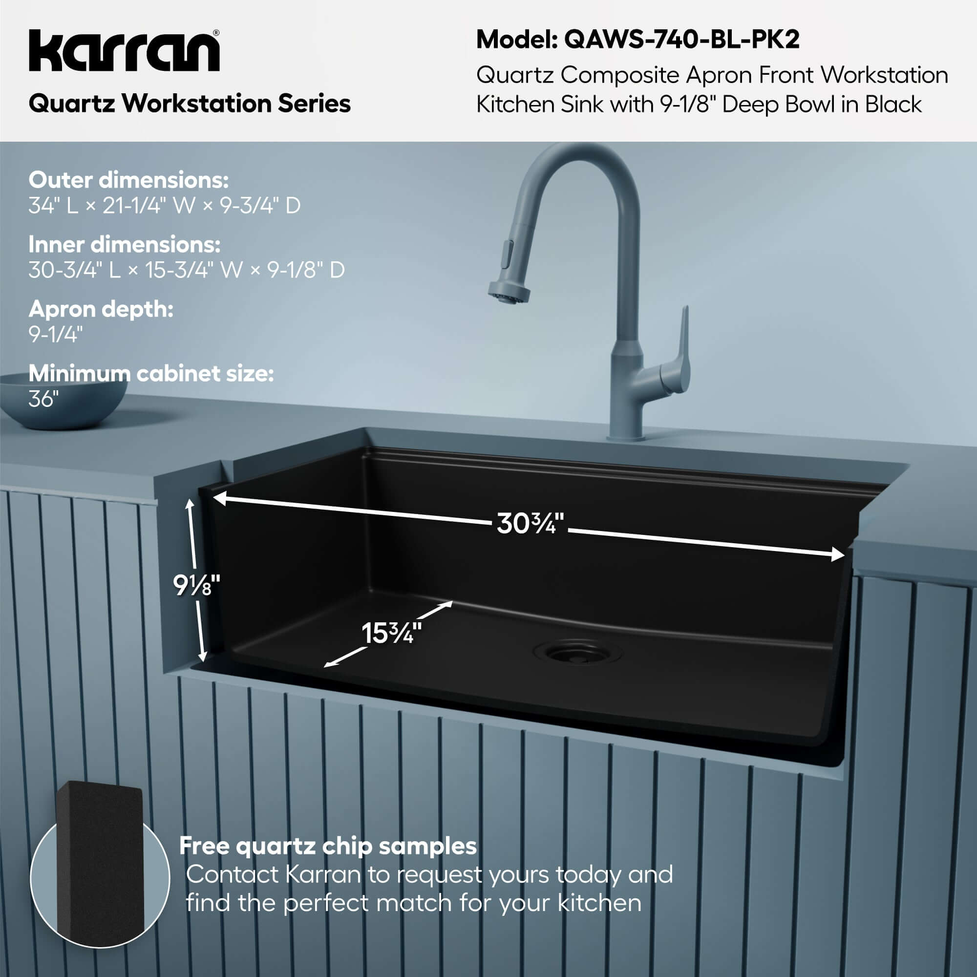 Karran 34 quartz composite workstation farmhouse sink black informational image
