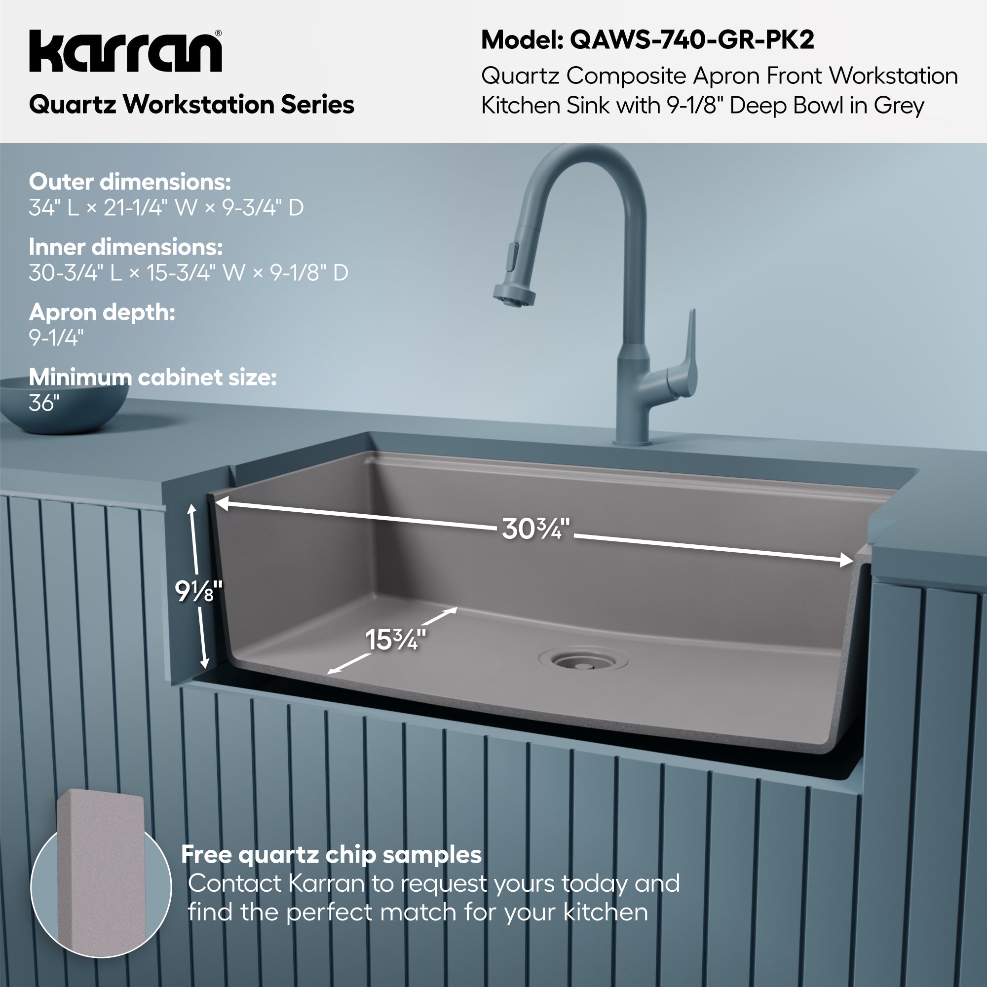 Karran 34 quartz composite workstation farmhouse sink grey informational image