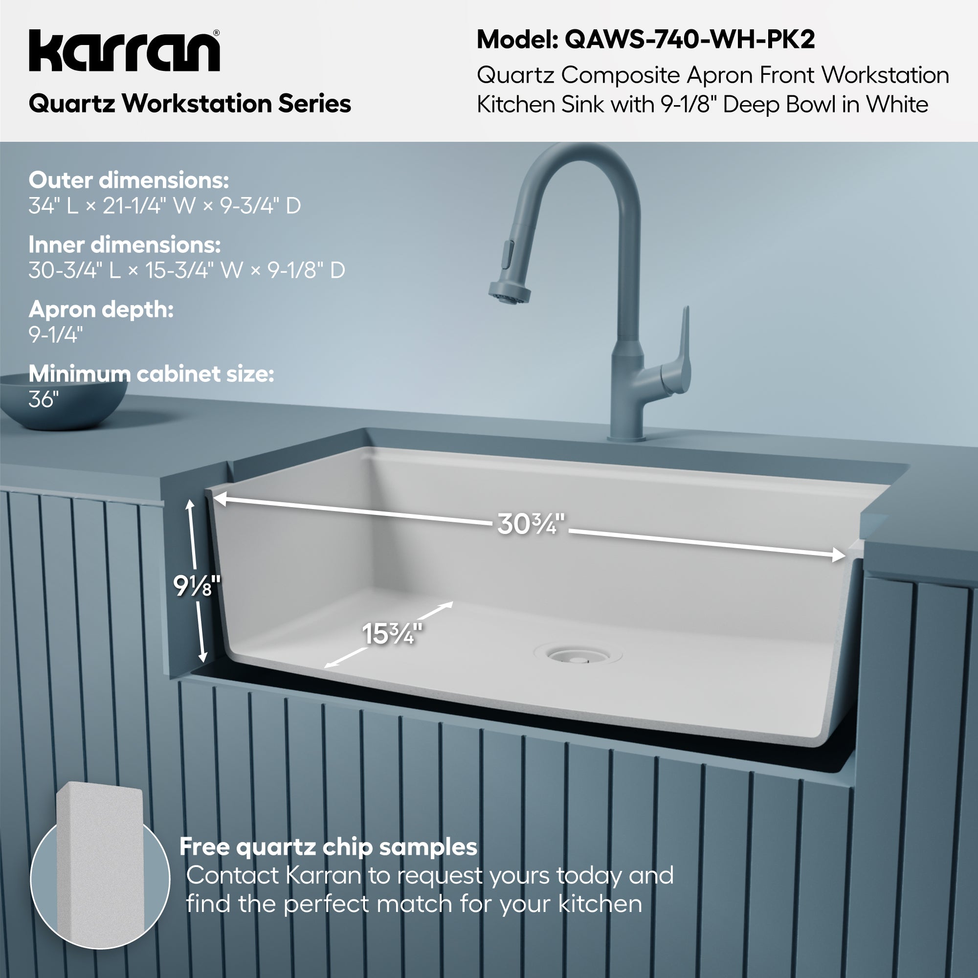Karran 34 quartz composite workstation farmhouse sink white informational image