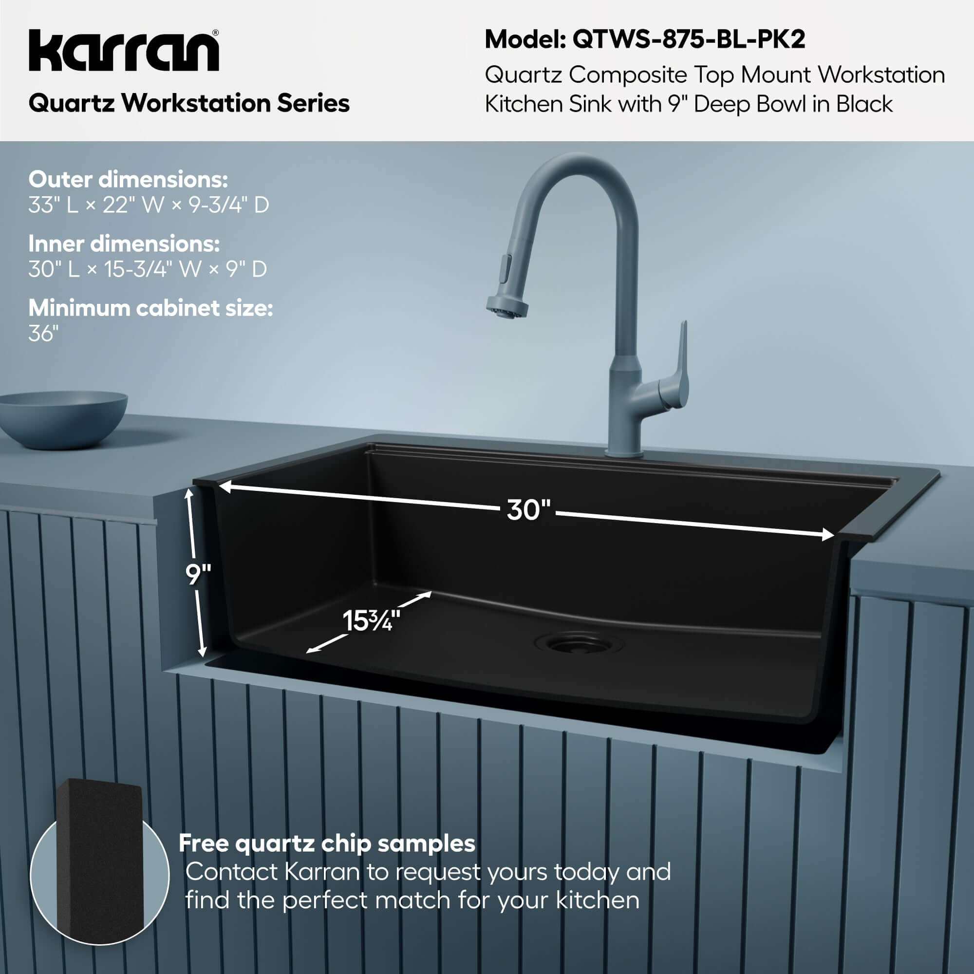 Karran 33 quartz composite workstation kitchen sink black informational image