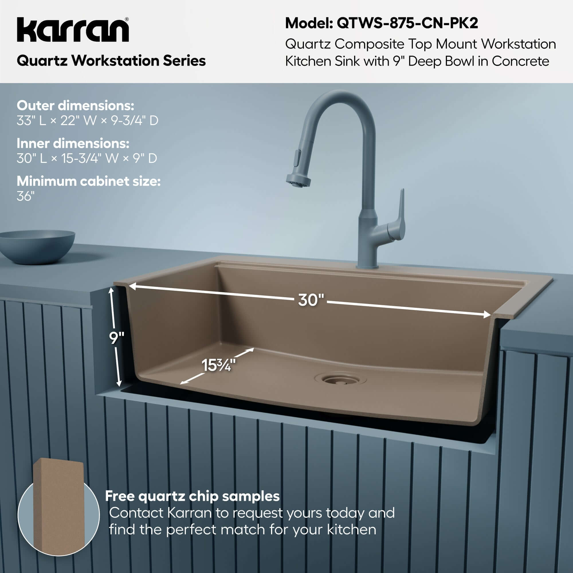 Karran 33 quartz composite workstation kitchen sink concrete informational image