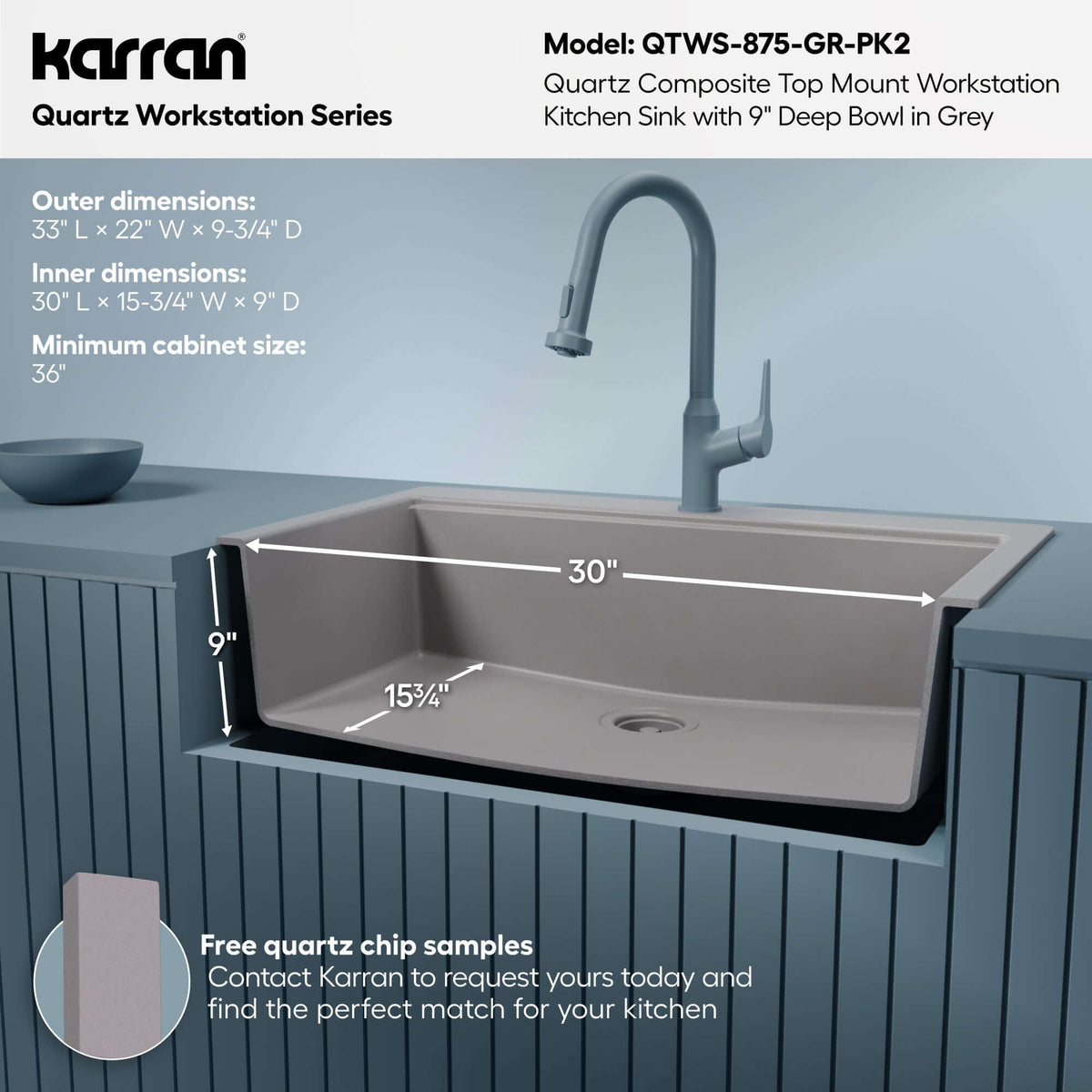 Karran 33 quartz composite workstation kitchen sink grey informational image
