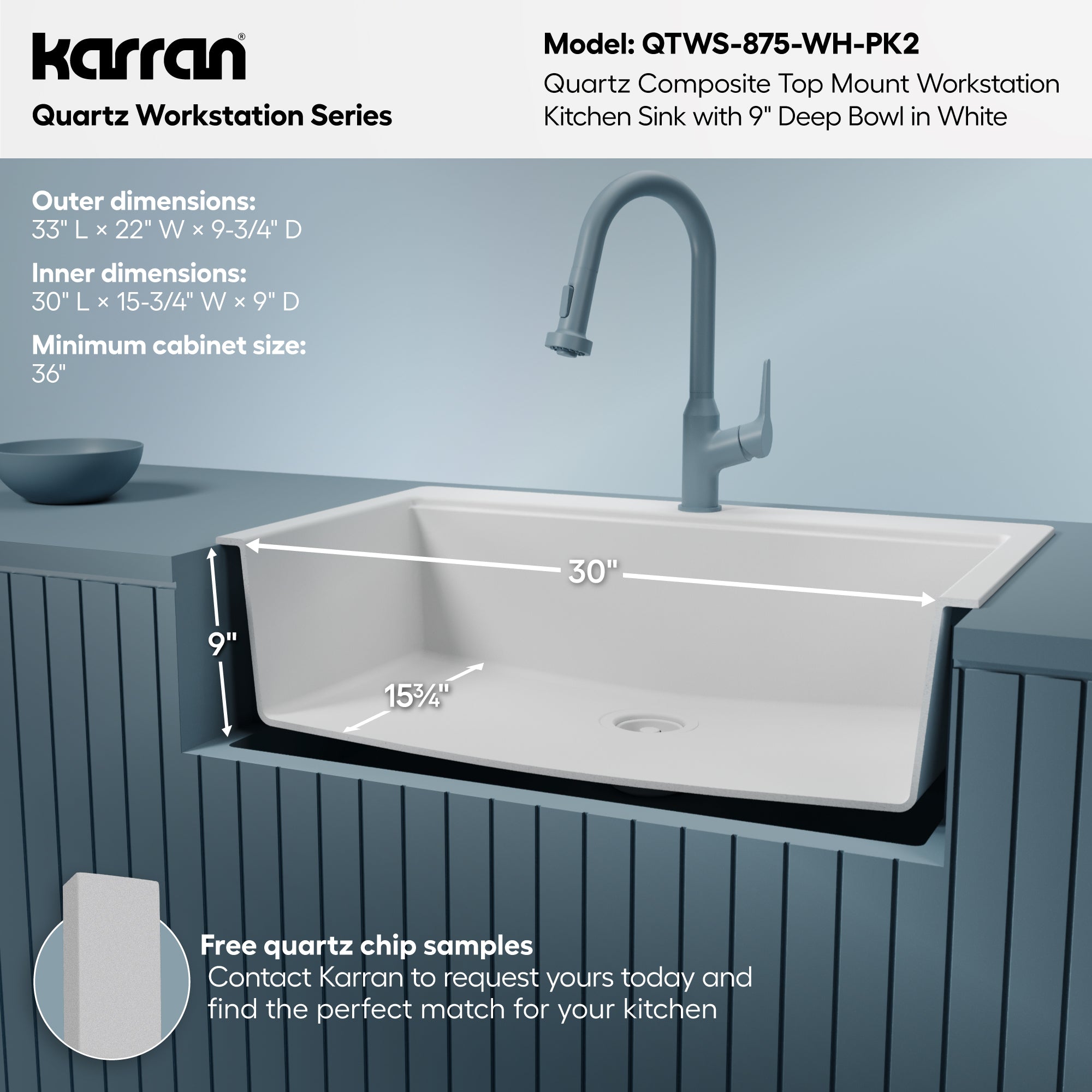 Karran 33 quartz composite workstation kitchen sink white informational image