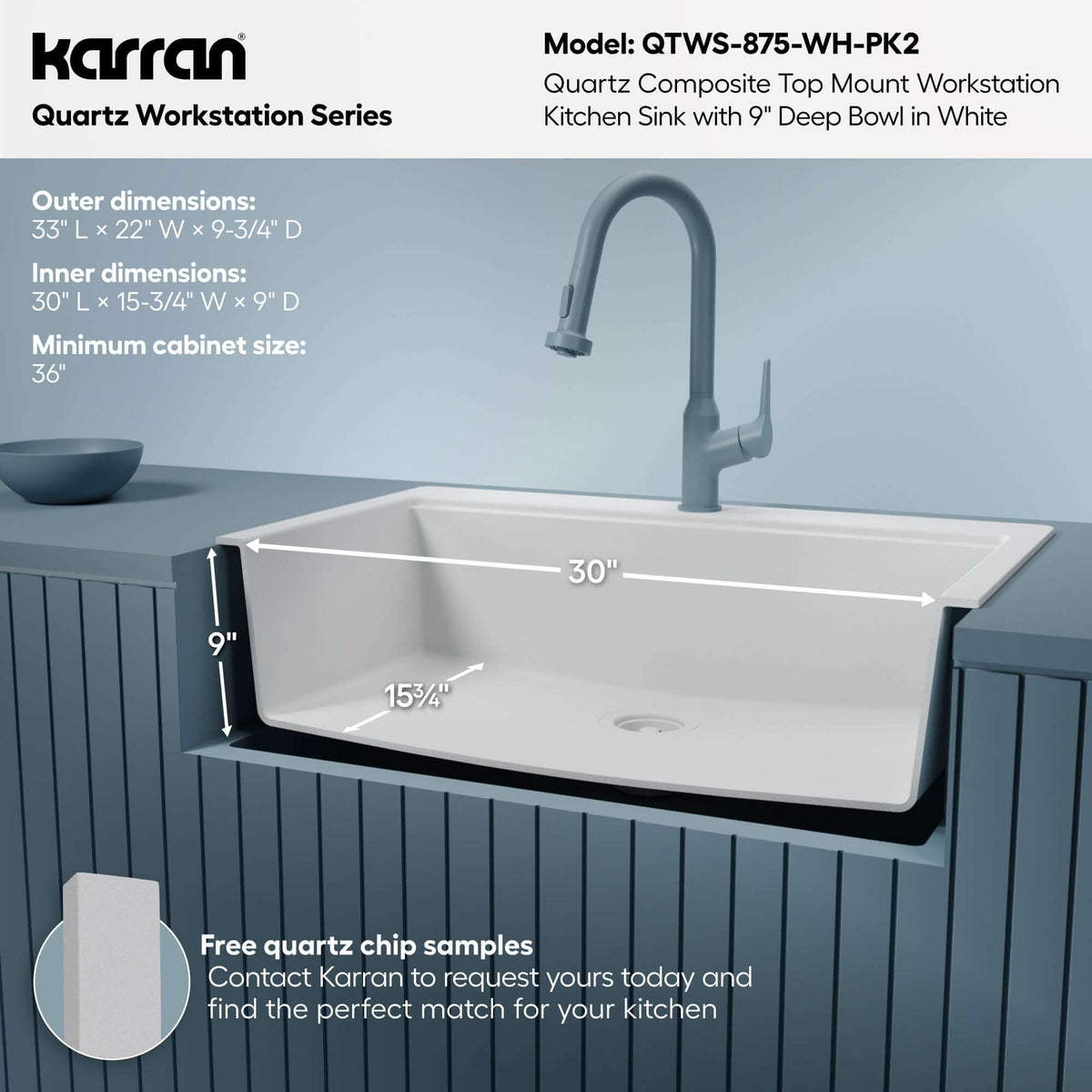 Karran 33 quartz composite workstation kitchen sink white informational image