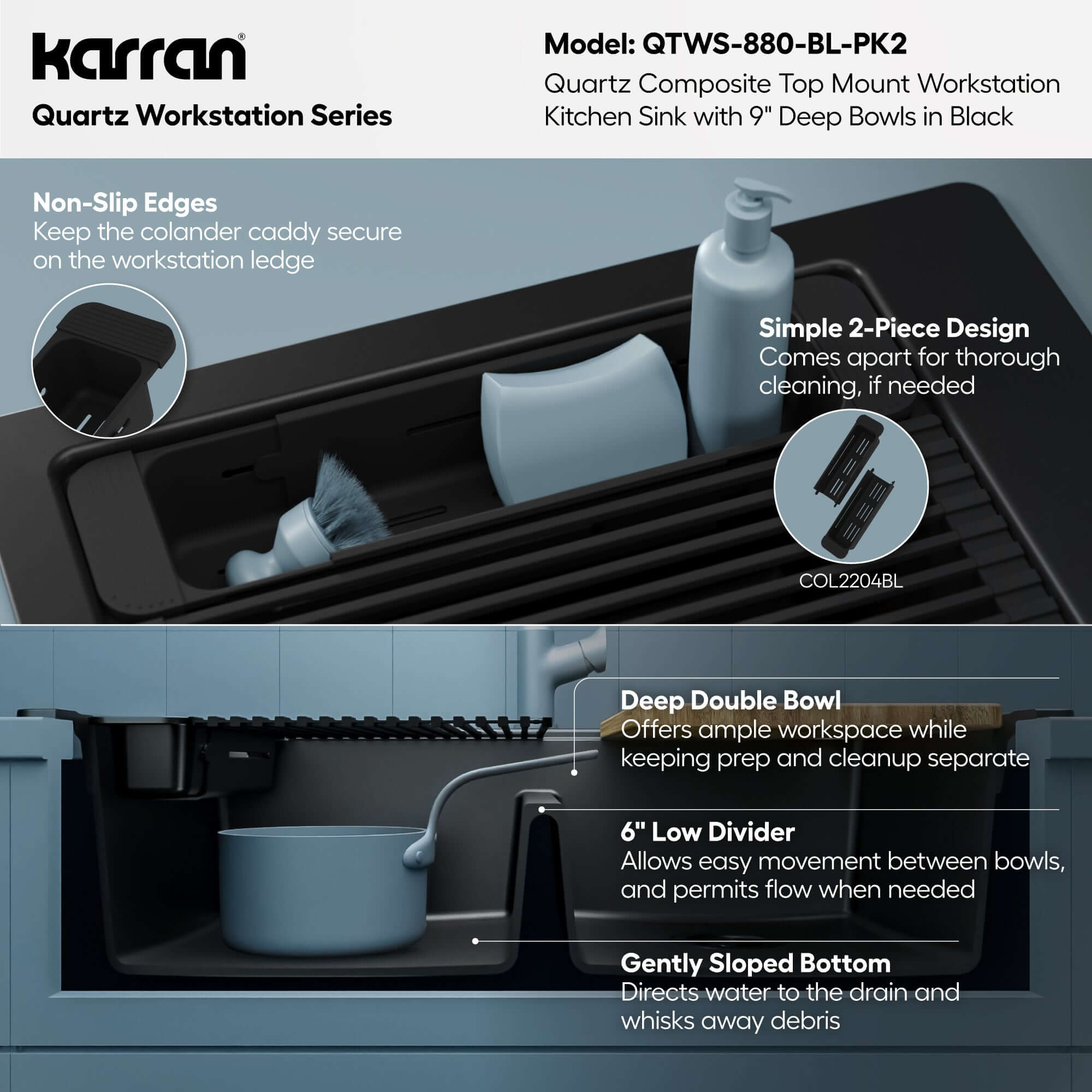 Karran 33 quartz composite workstation kitchen sink 50/50 double bowl black informational image
