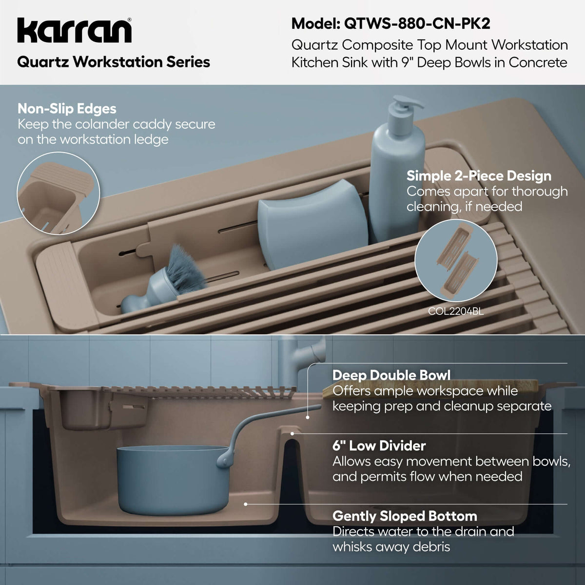 Karran 33 quartz composite workstation kitchen sink 50/50 double bowl concrete informational image