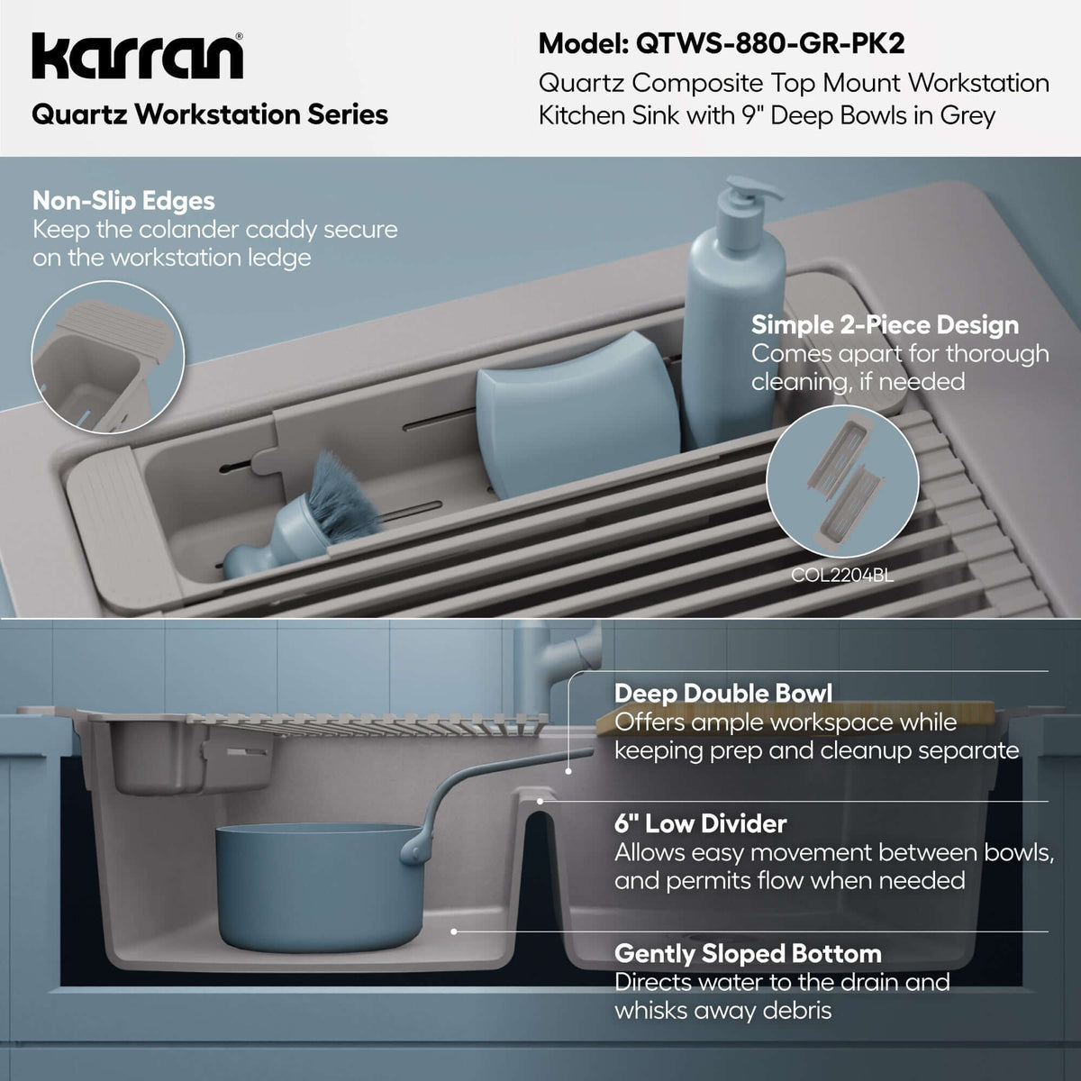 Karran 33 quartz composite workstation kitchen sink 50/50 double bowl grey informational image