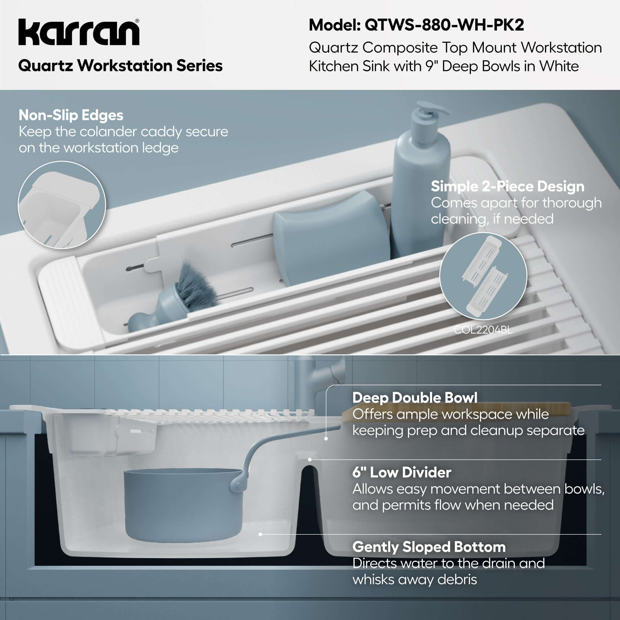 Karran 33 quartz composite workstation kitchen sink 50/50 double bowl white informational image