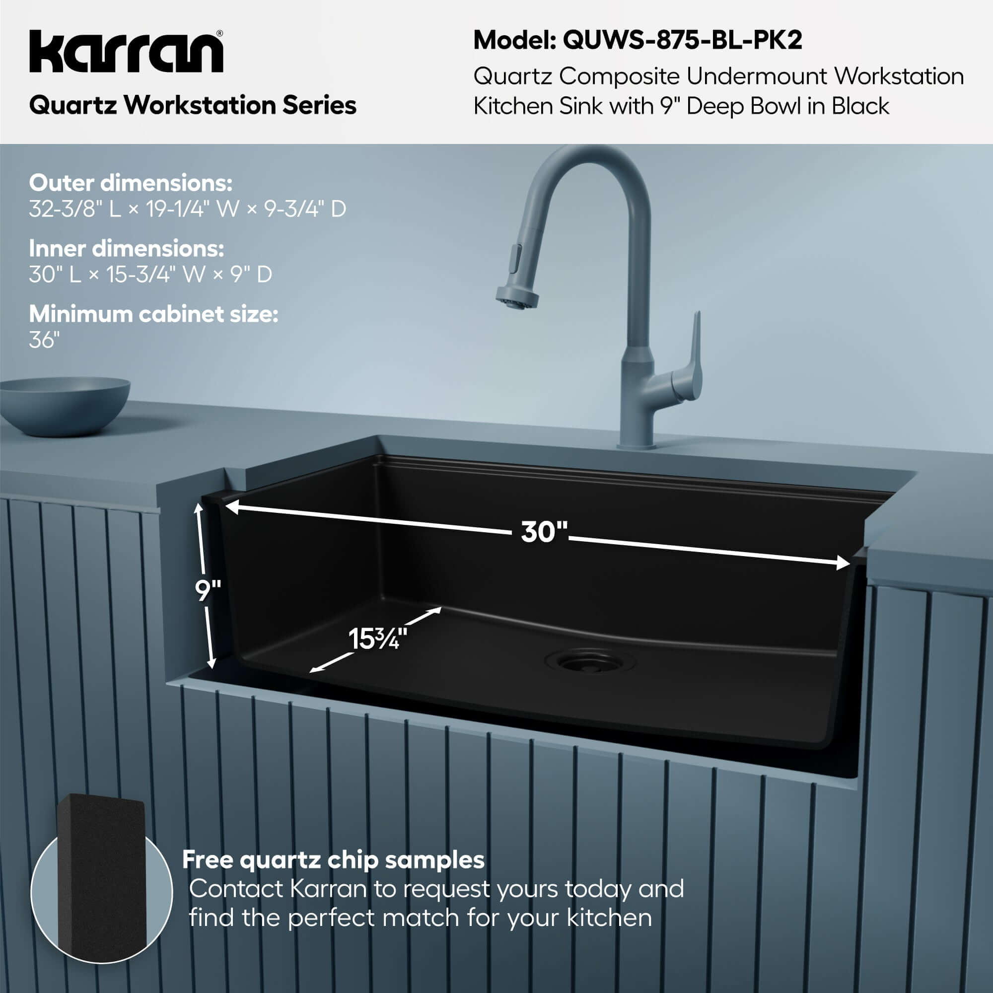 Karran 32 quartz composite workstation kitchen sink black informational image