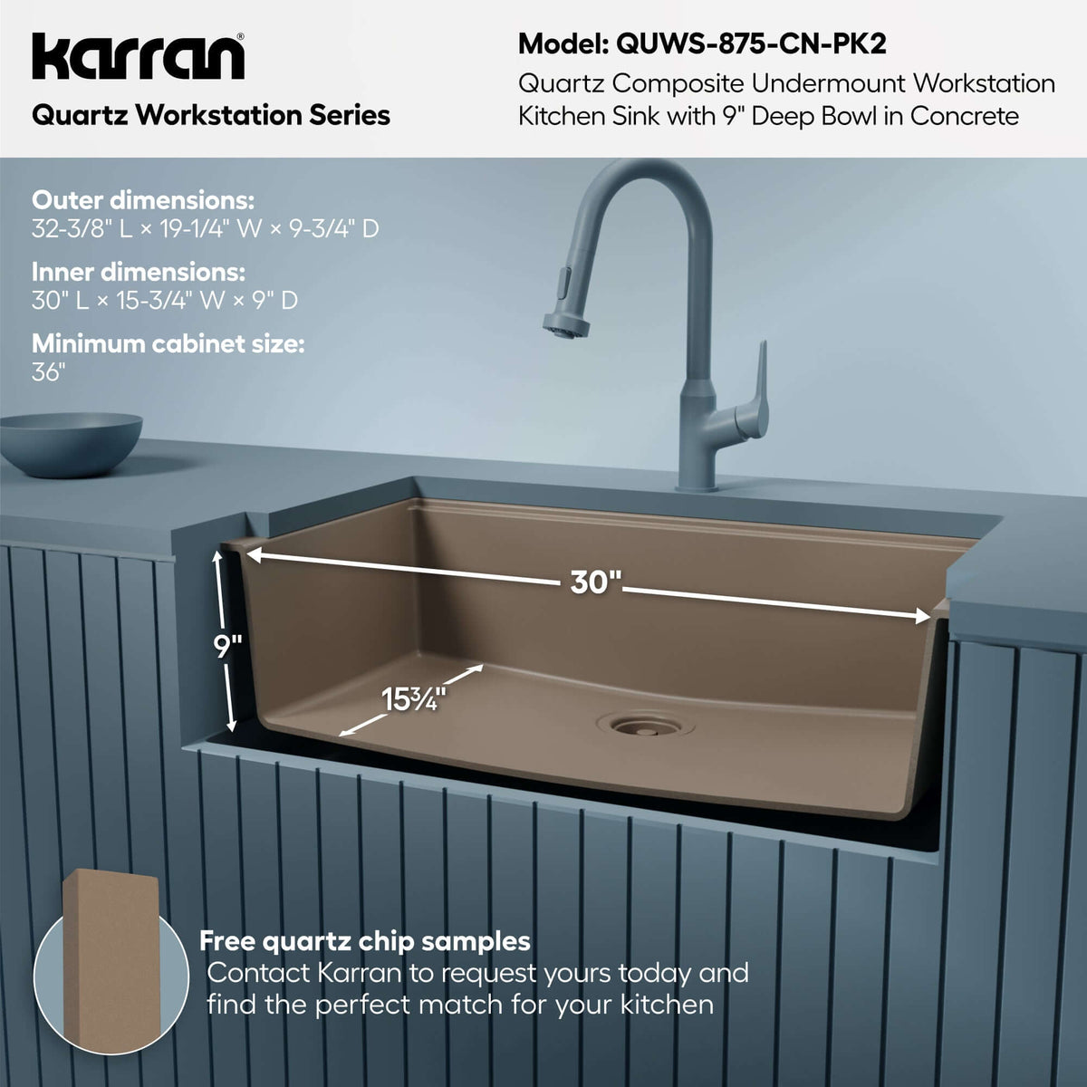Karran 32 quartz composite workstation kitchen sink concrete informational image