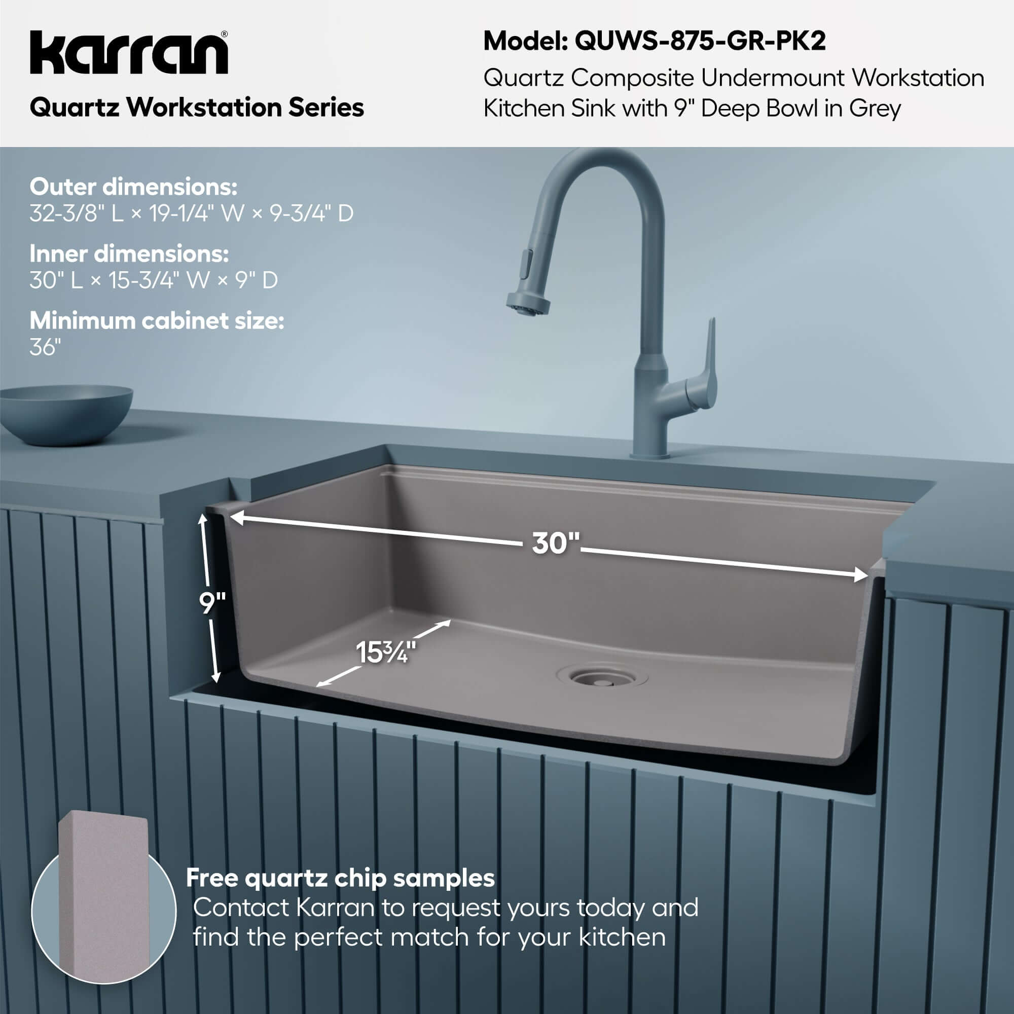 Karran 32 quartz composite workstation kitchen sink grey informational image
