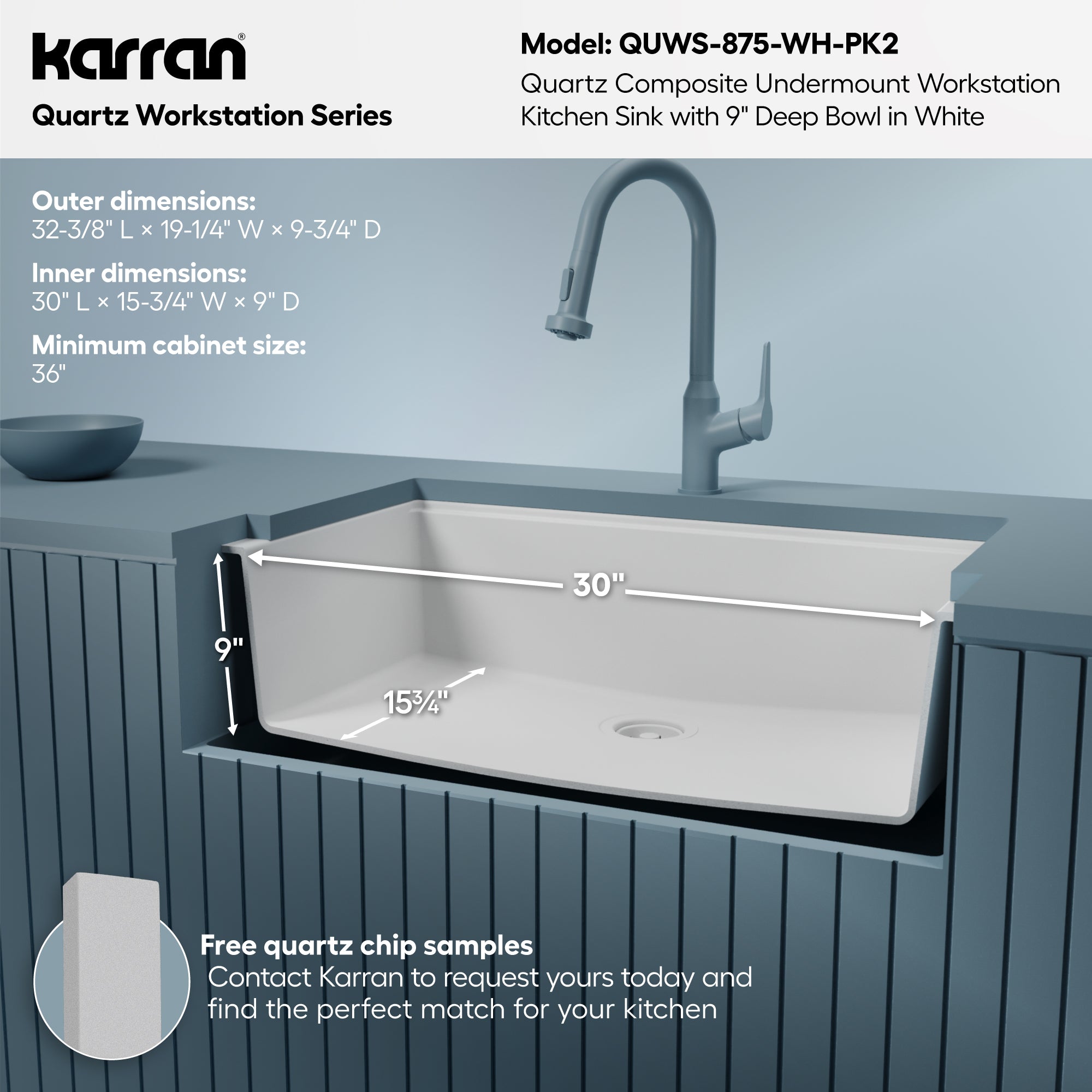 Karran 32 quartz composite workstation kitchen sink white informational image