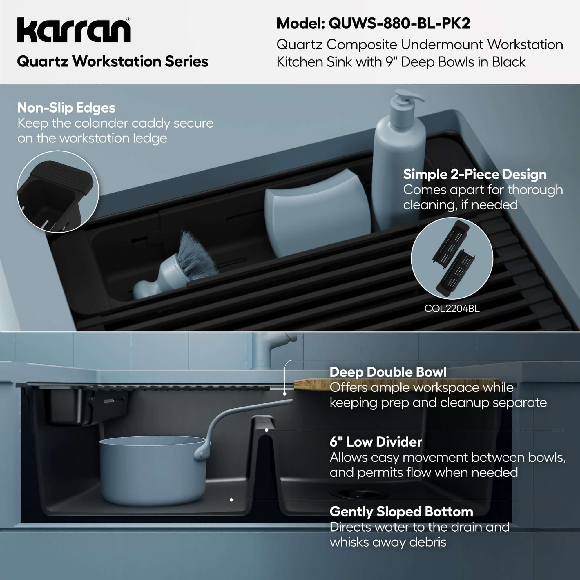 Karran 32 quartz composite workstation kitchen sink 50/50 double bowl black informational image