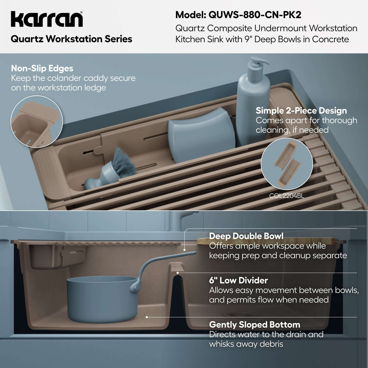 Karran 32 quartz composite workstation kitchen sink 50/50 double bowl concrete informational image